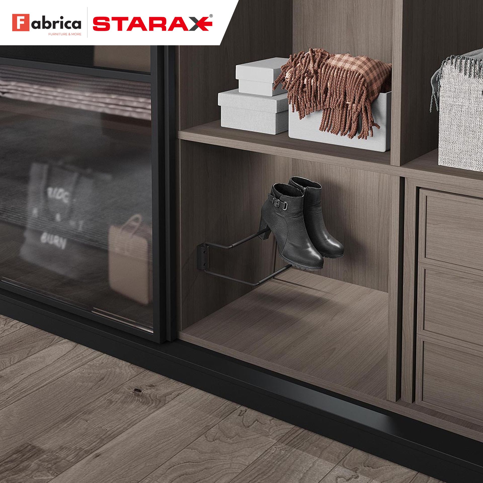 A pair of boots are sitting on a shelf in a closet.