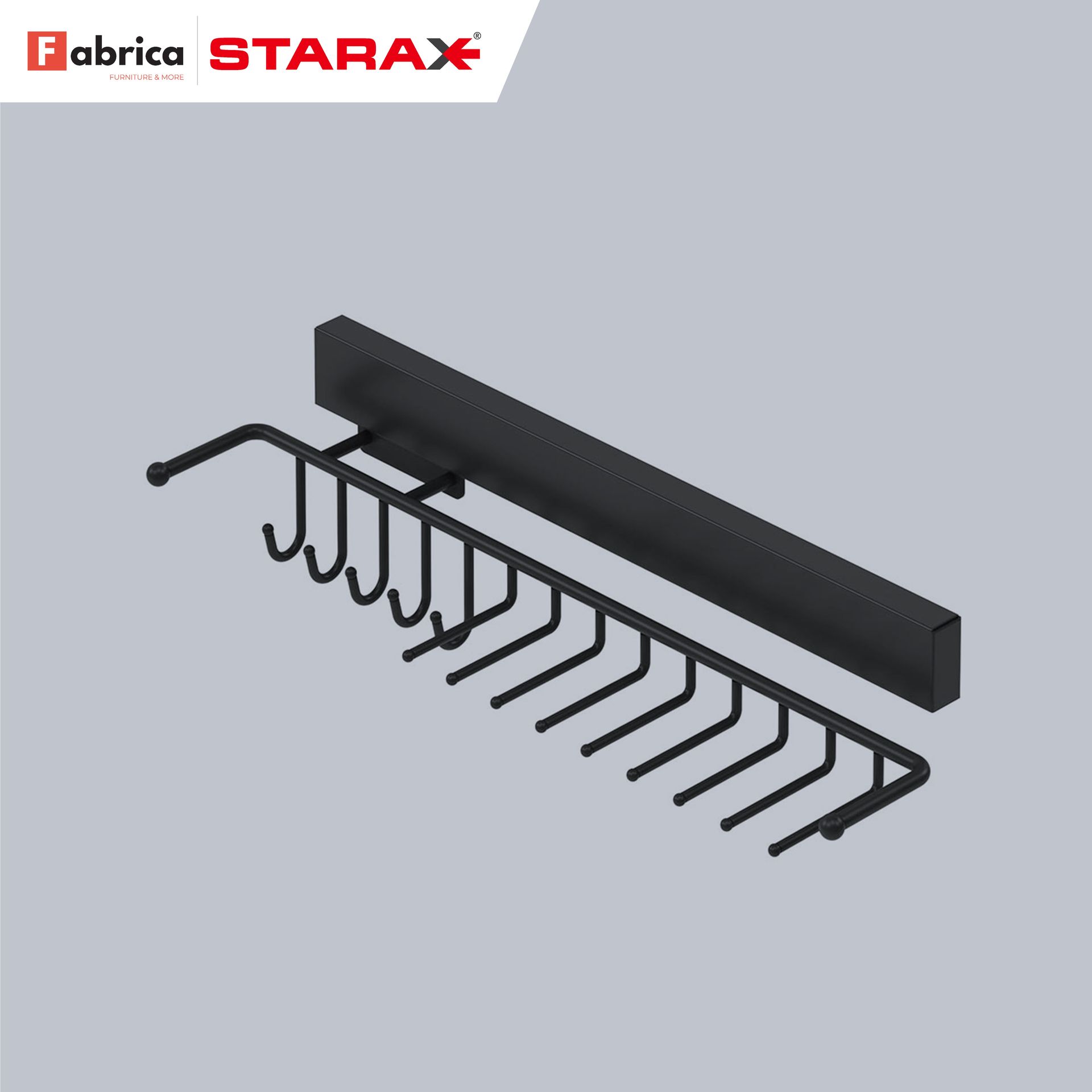 A black tie rack is sitting on a gray surface.