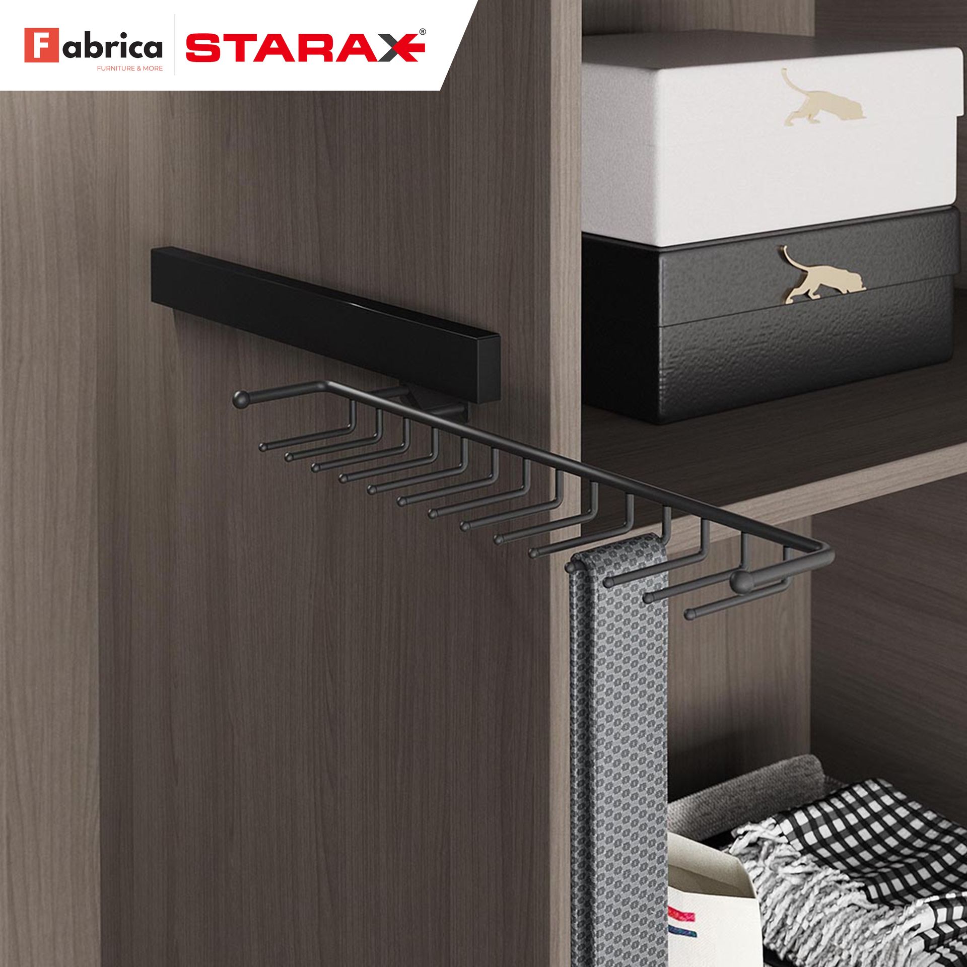 A picture of a tie rack in a closet.