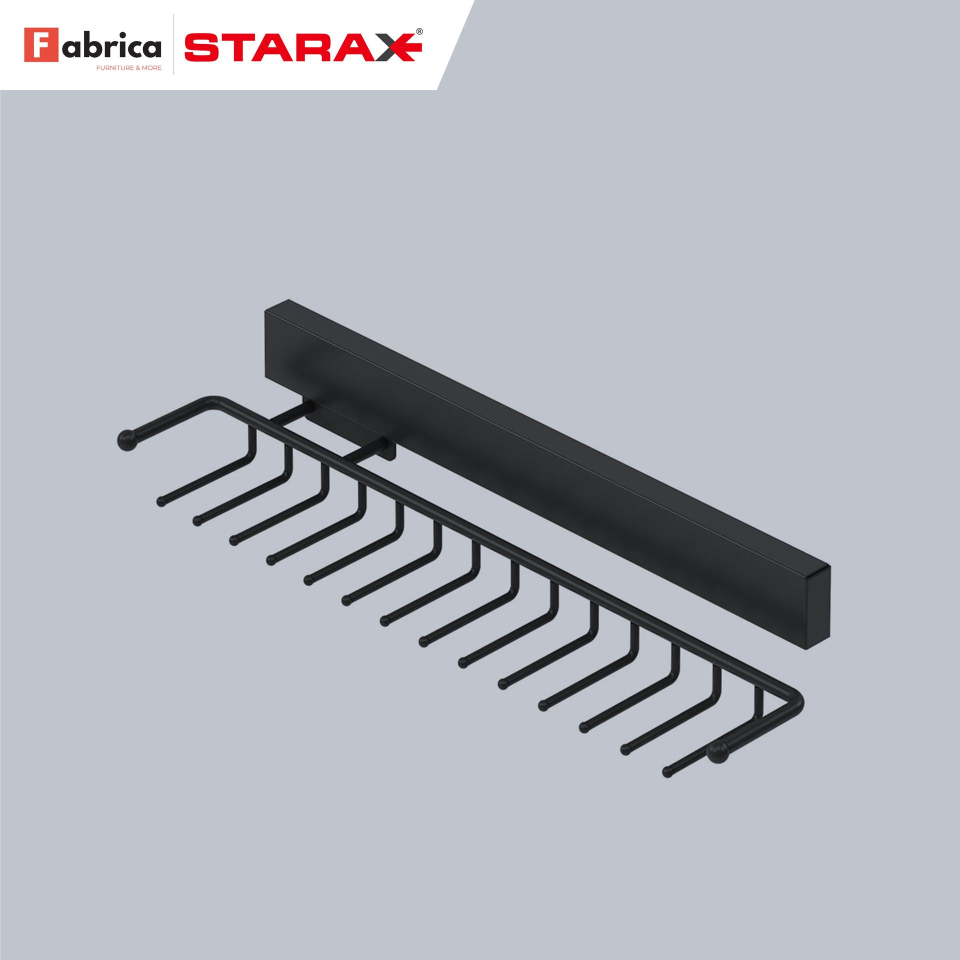 A black tie rack made by fabrica starax