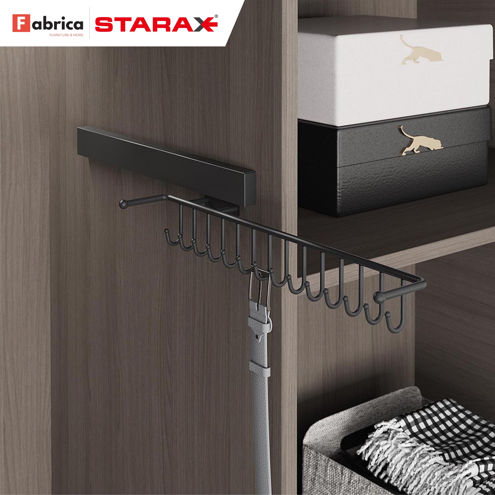 A picture of a tie rack in a closet.