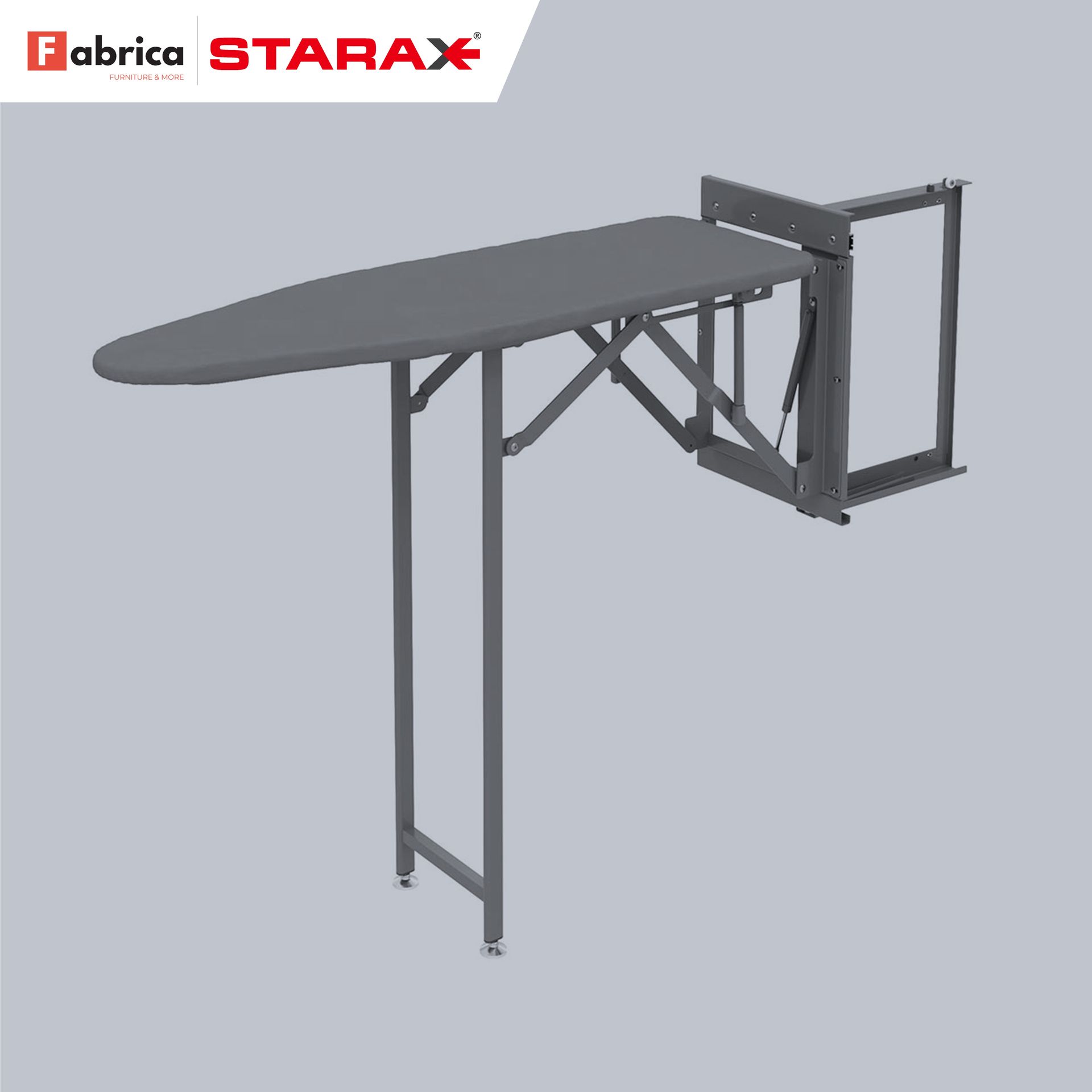 A gray ironing board is sitting on a gray surface.