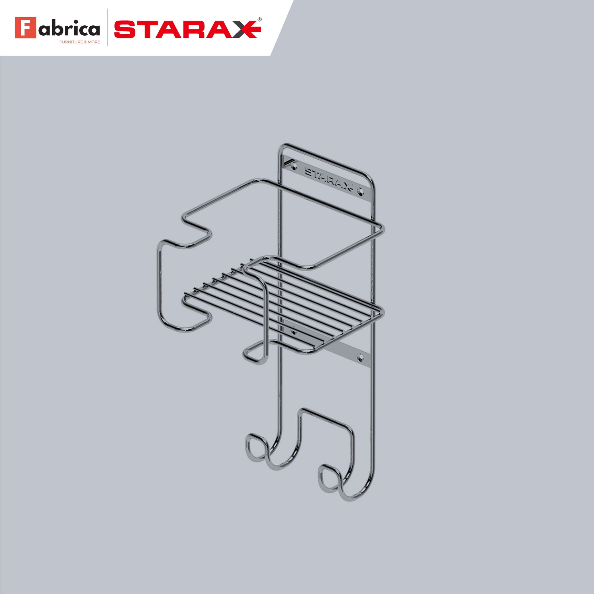 A metal shelf with hooks and a label that says fabrica starax