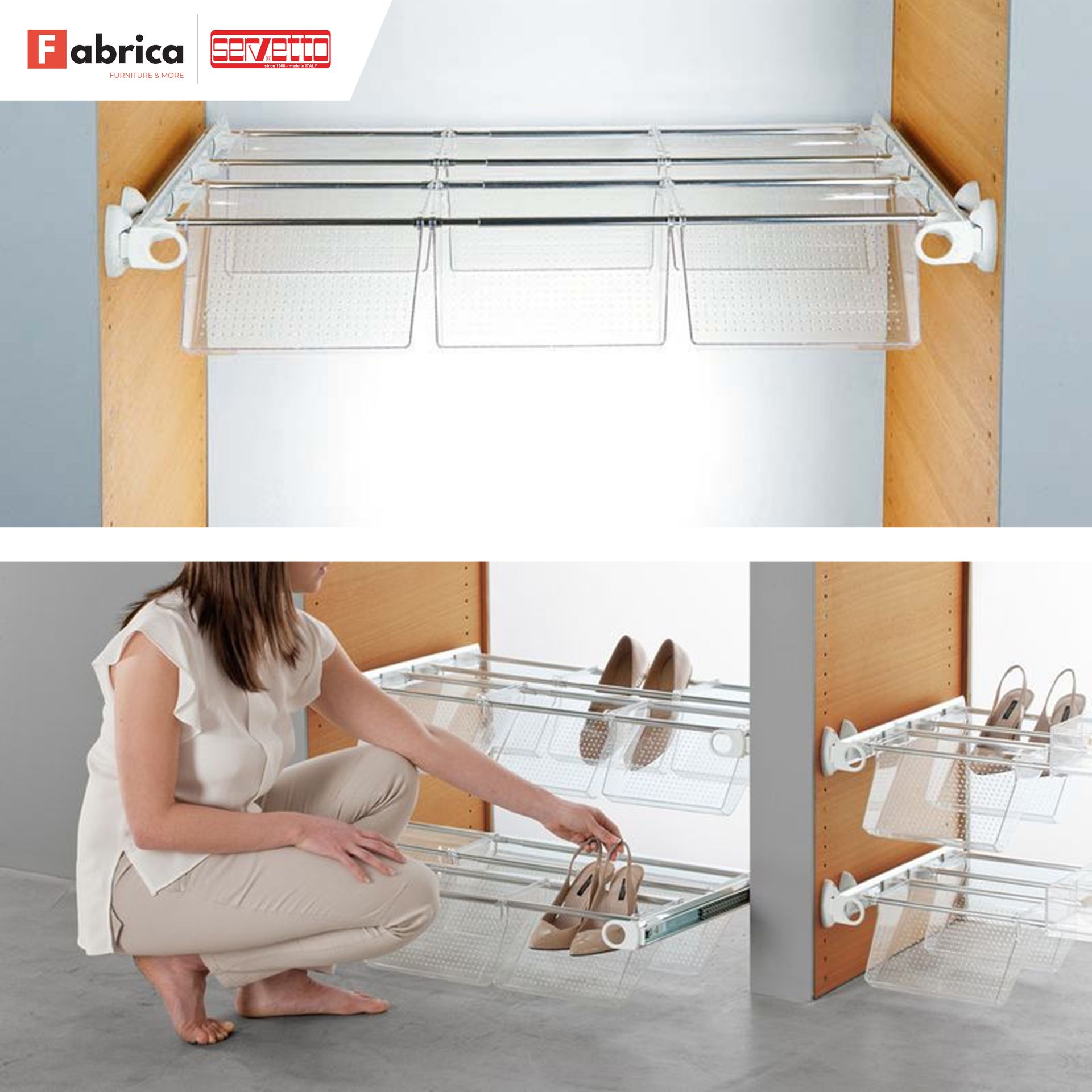 A woman is kneeling down in front of a shoe rack