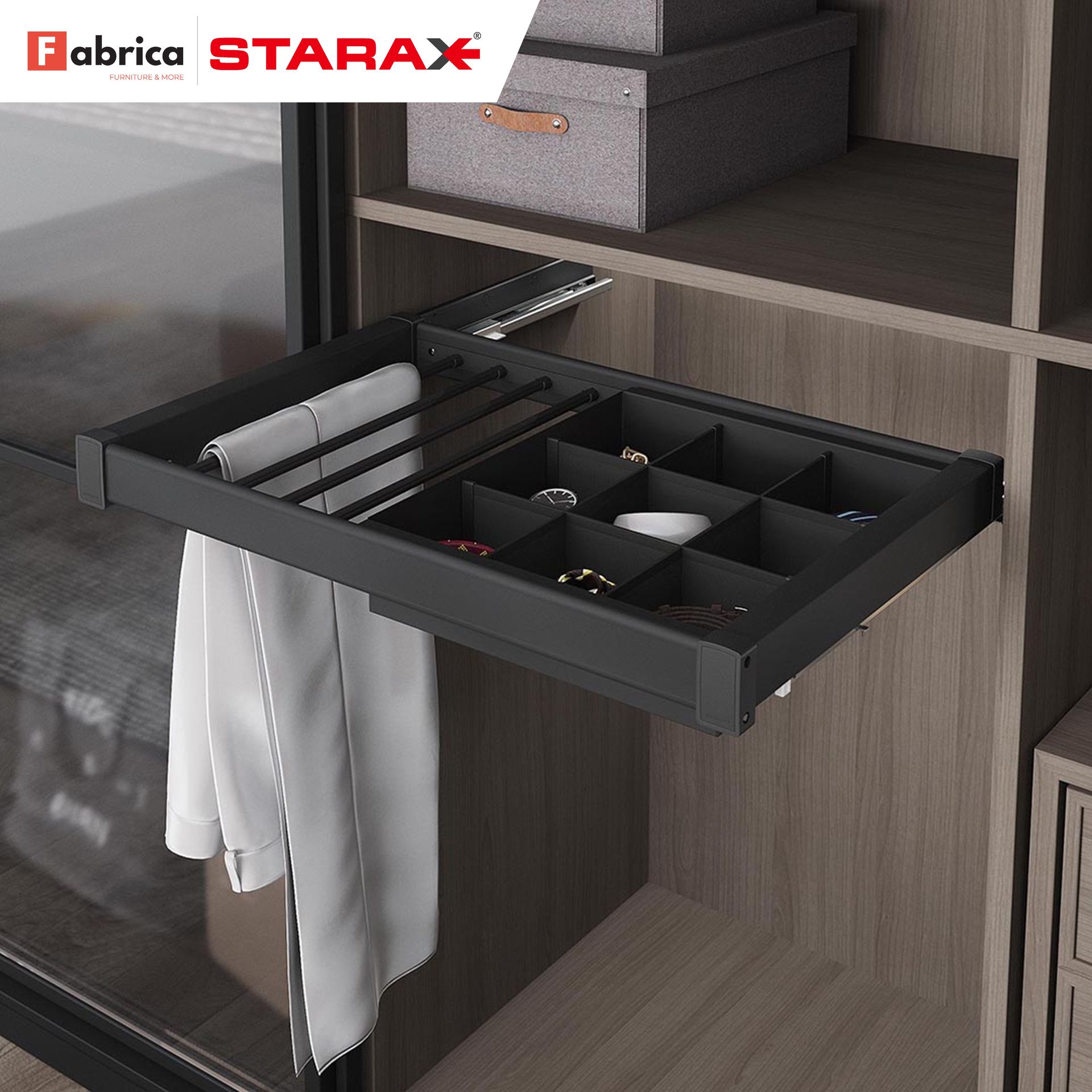 A fabrica starax tray is pulled out of a closet
