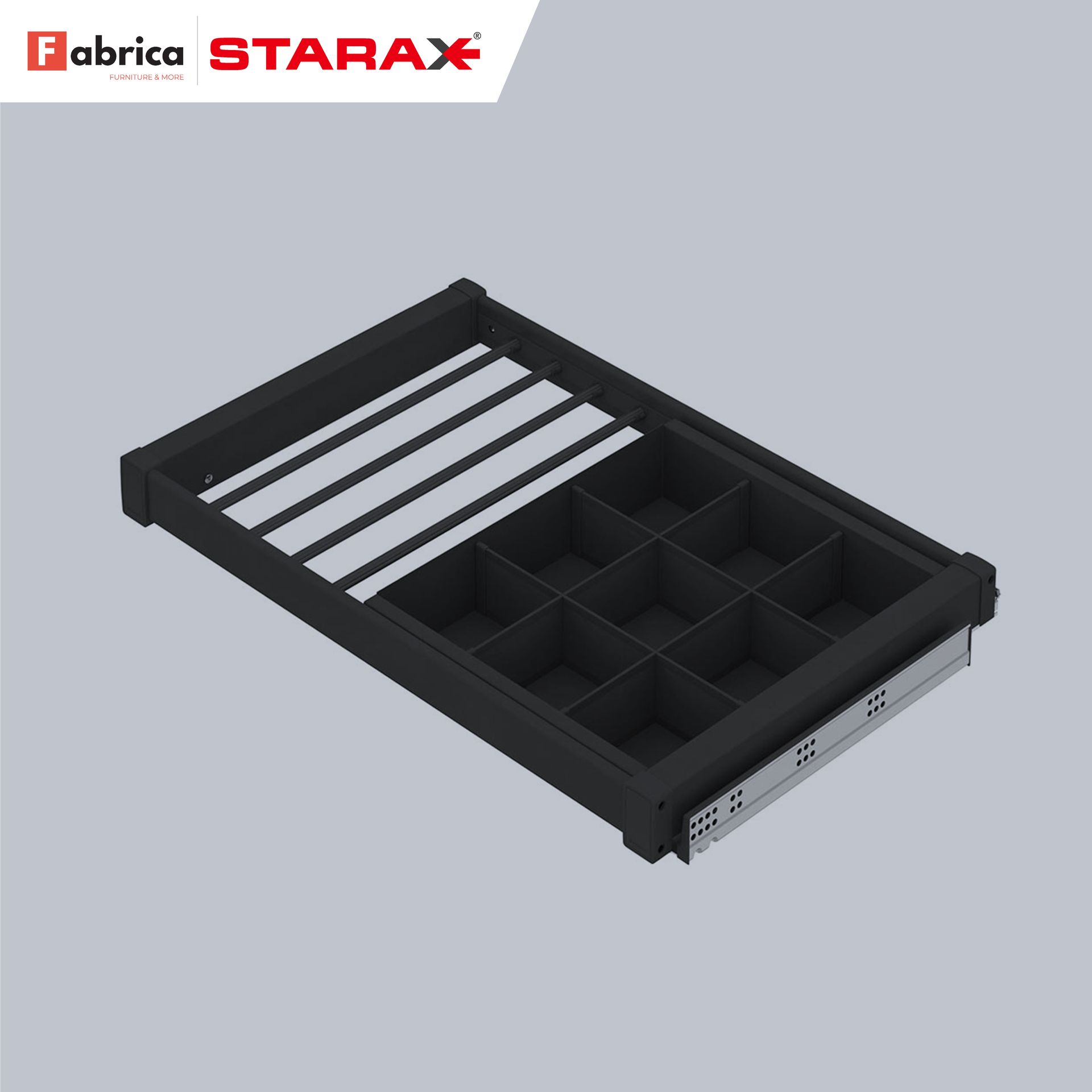 A black starax tray with white stripes on it