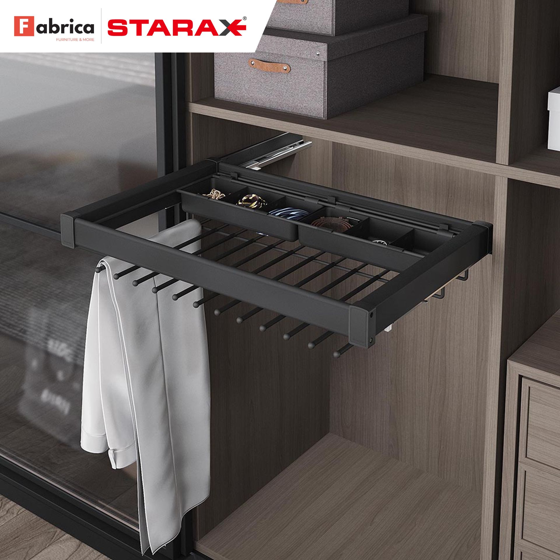 A fabrica starax pants rack in a closet