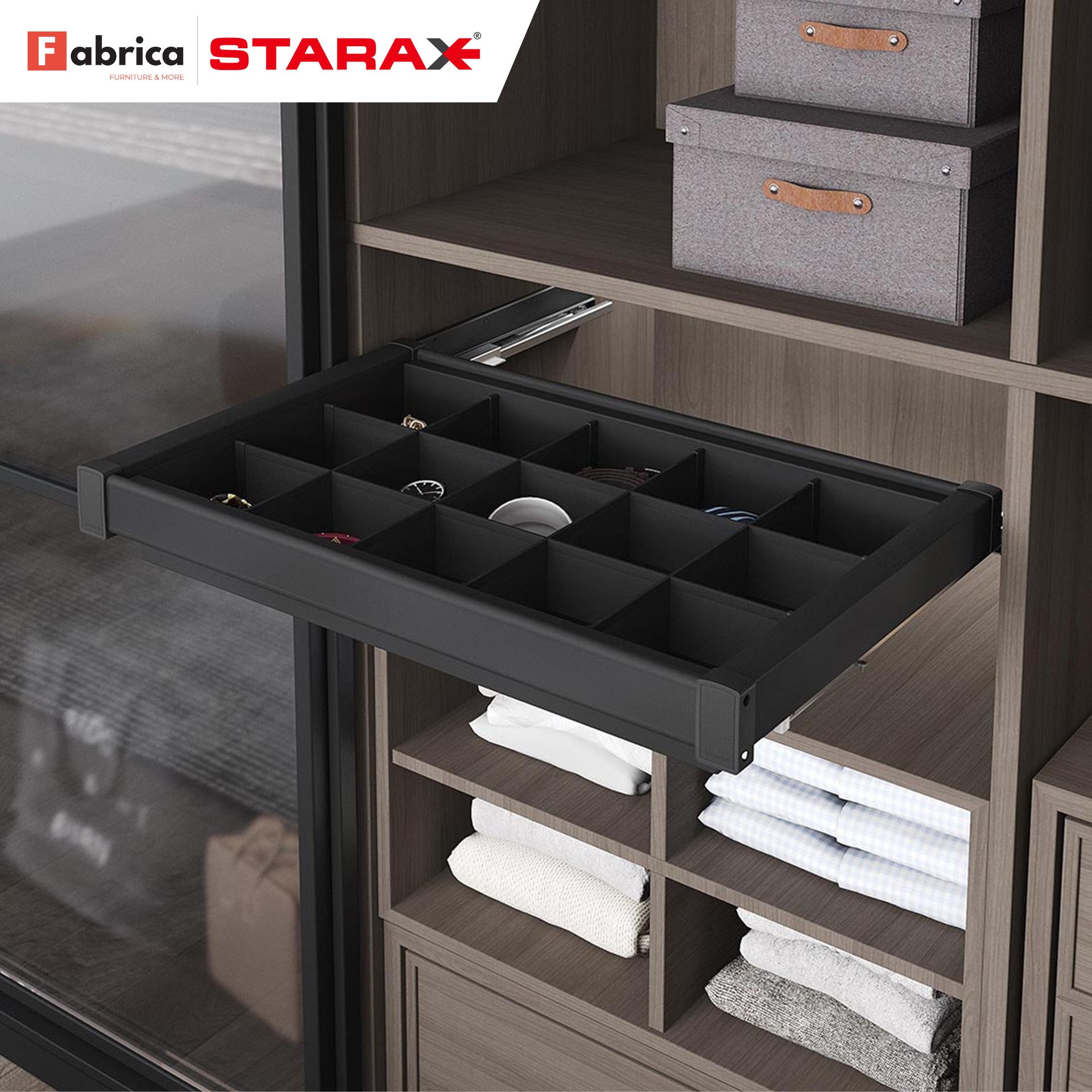 A fabrica starax jewelry tray is pulled out of a closet