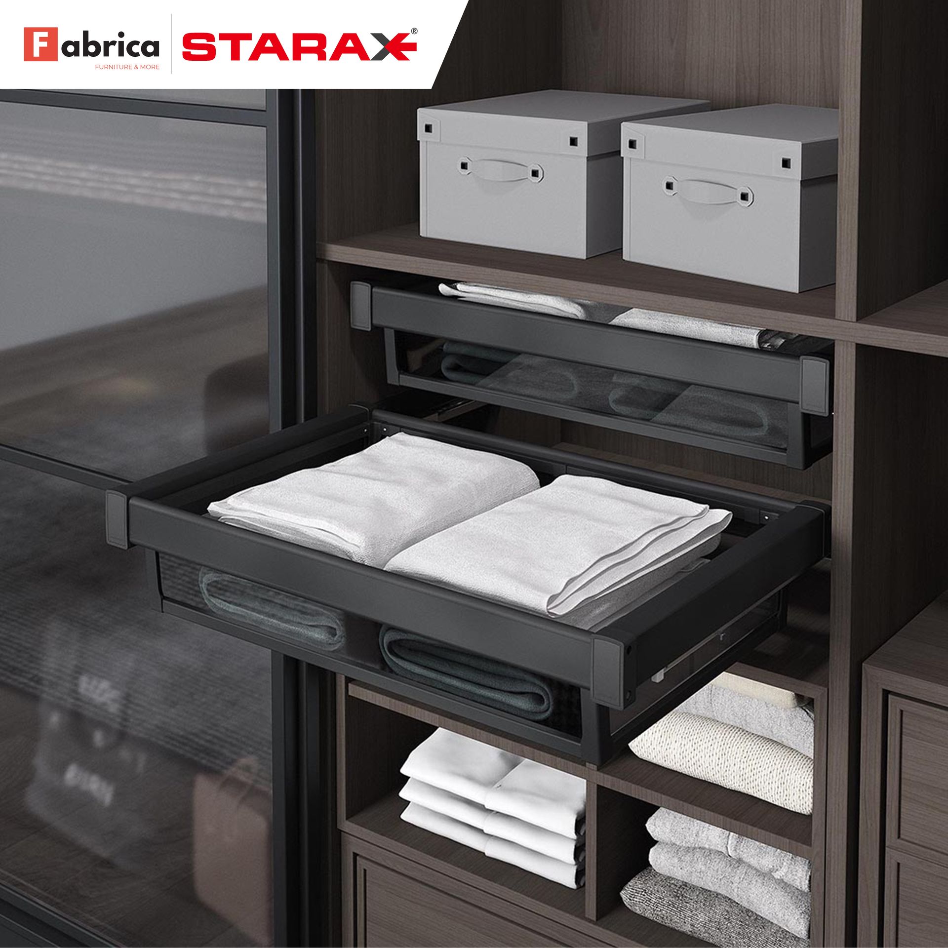 A closet with a drawer filled with towels and boxes.