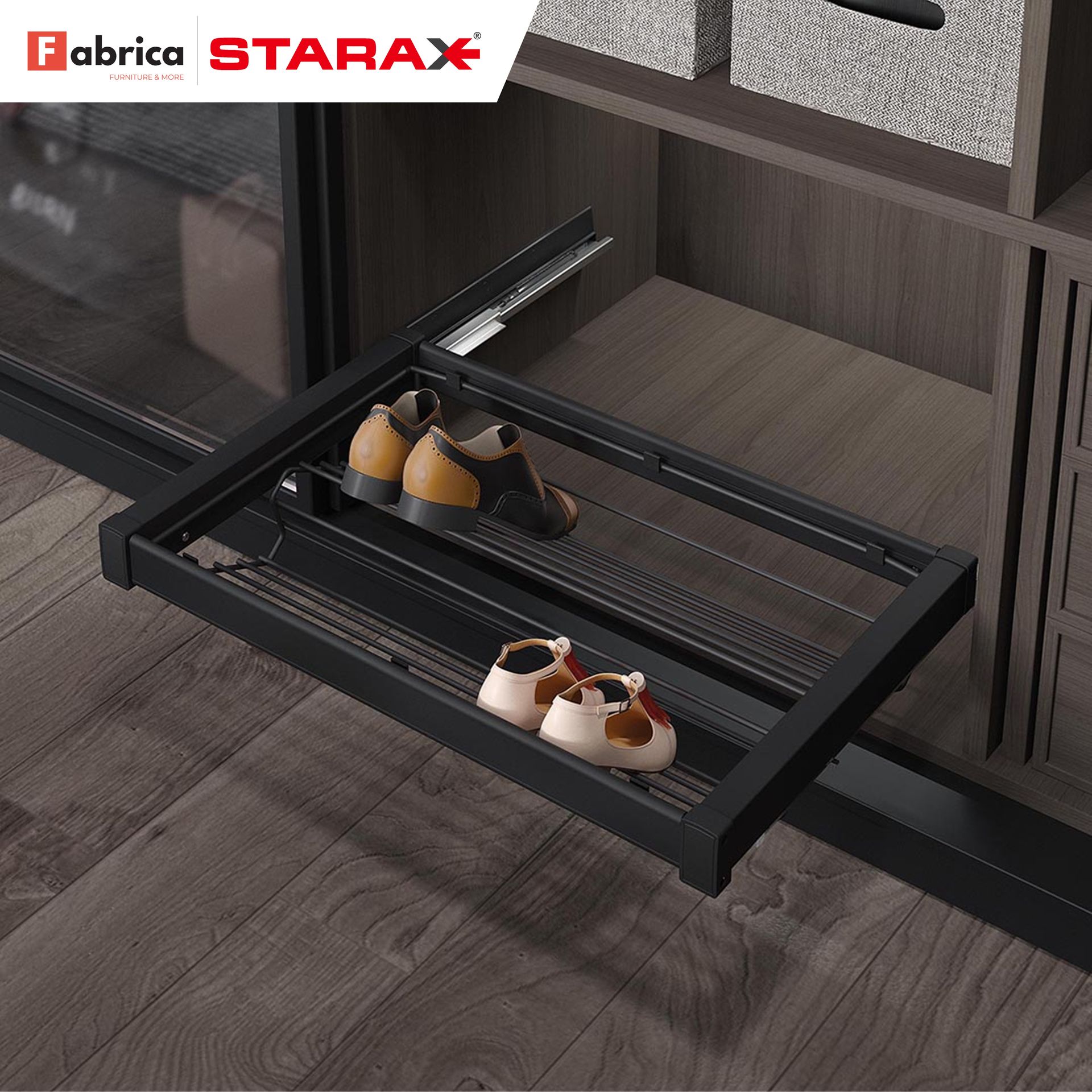 A pair of shoes are sitting on a shelf in a closet.