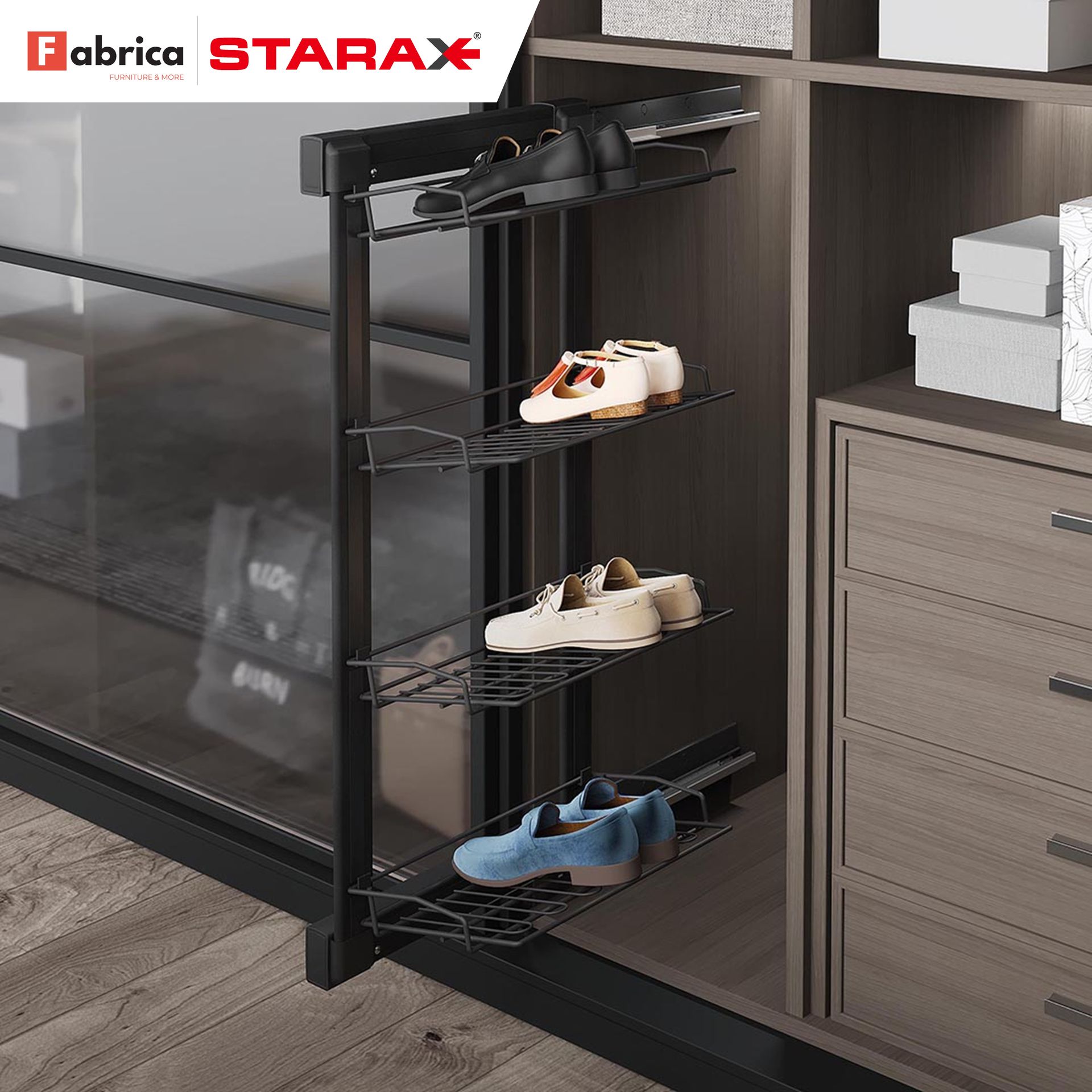 A shoe rack in a closet with shoes on it.