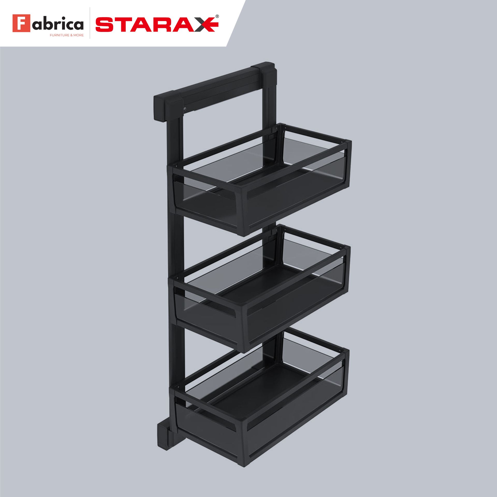 A black shelf with three shelves and a handle on a grey background.