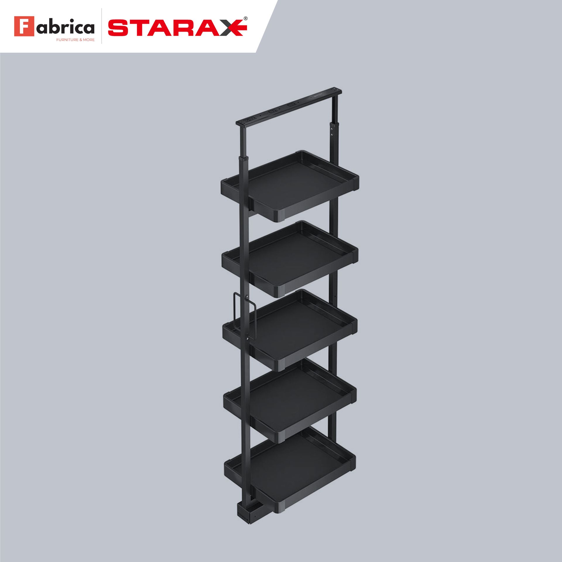 A black shelf with five shelves and a handle on a white background.