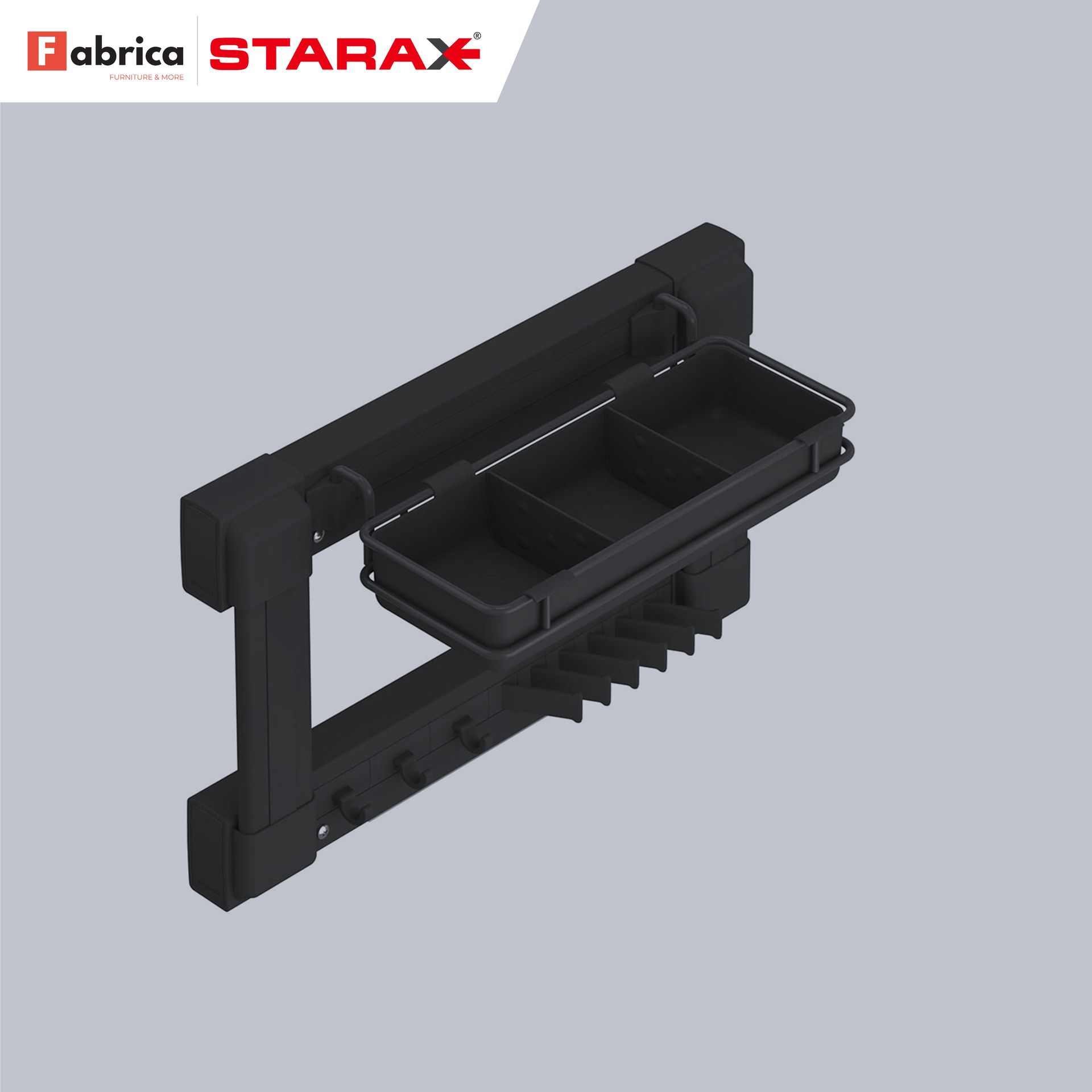 A black starax product with a tray and hooks