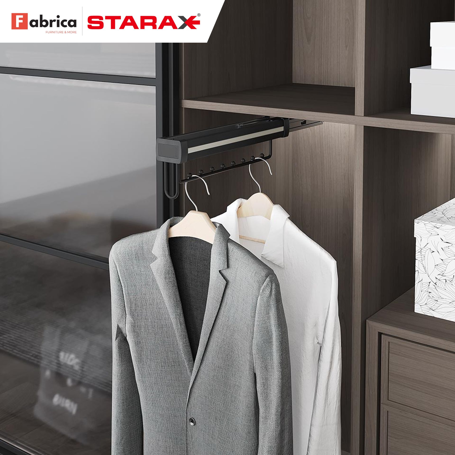 A fabrica starax advertisement with clothes hanging in a closet