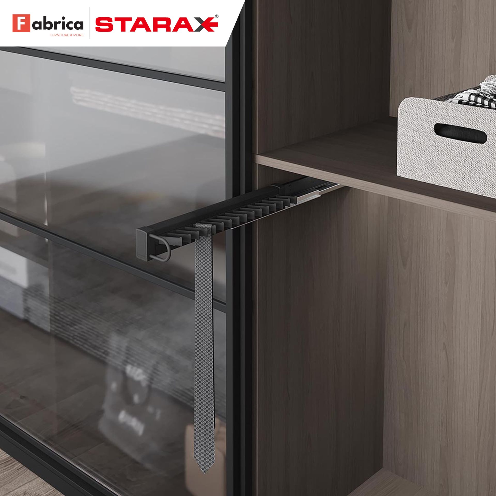 A person is holding a tie rack in a closet.