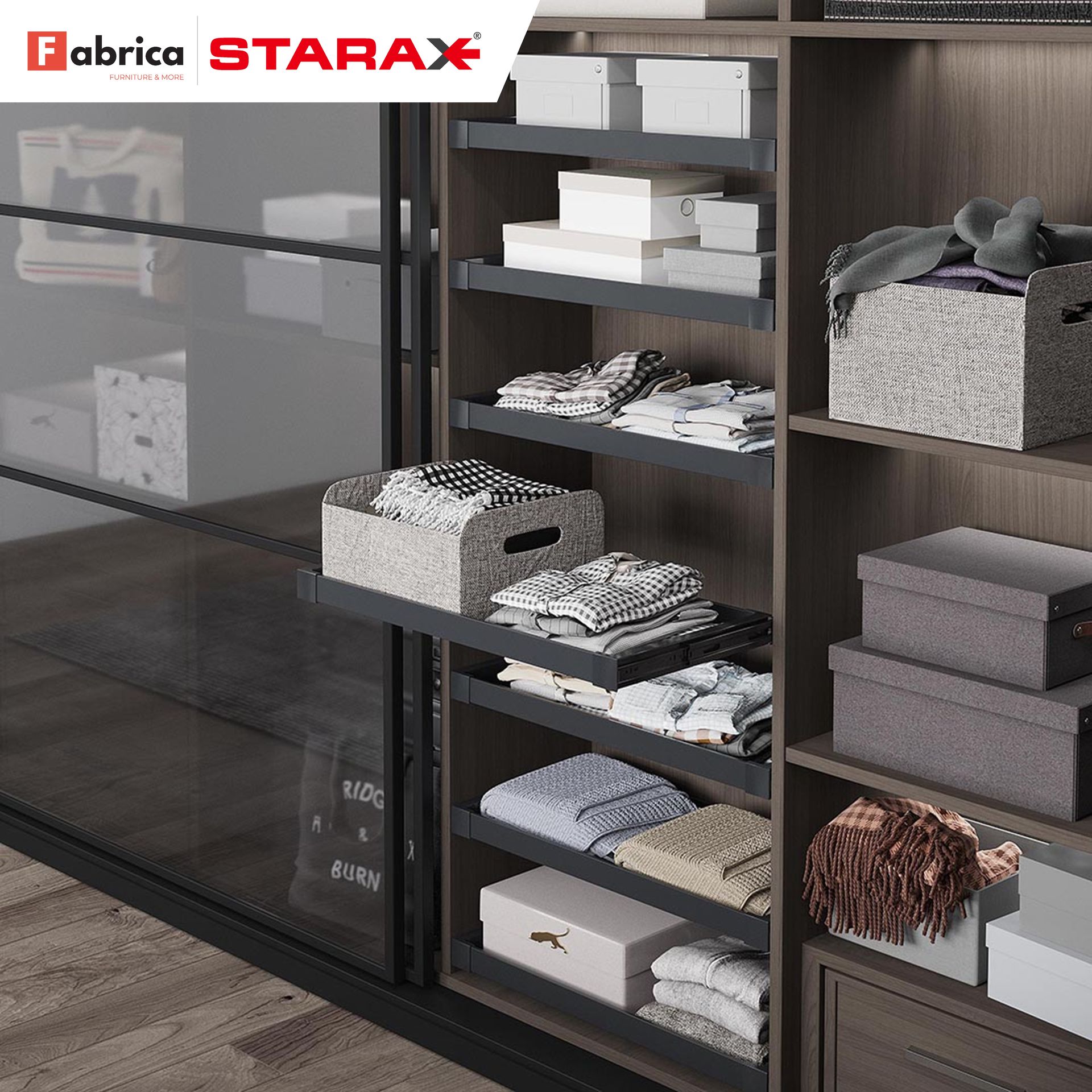 A fabrica starax closet filled with clothes and boxes