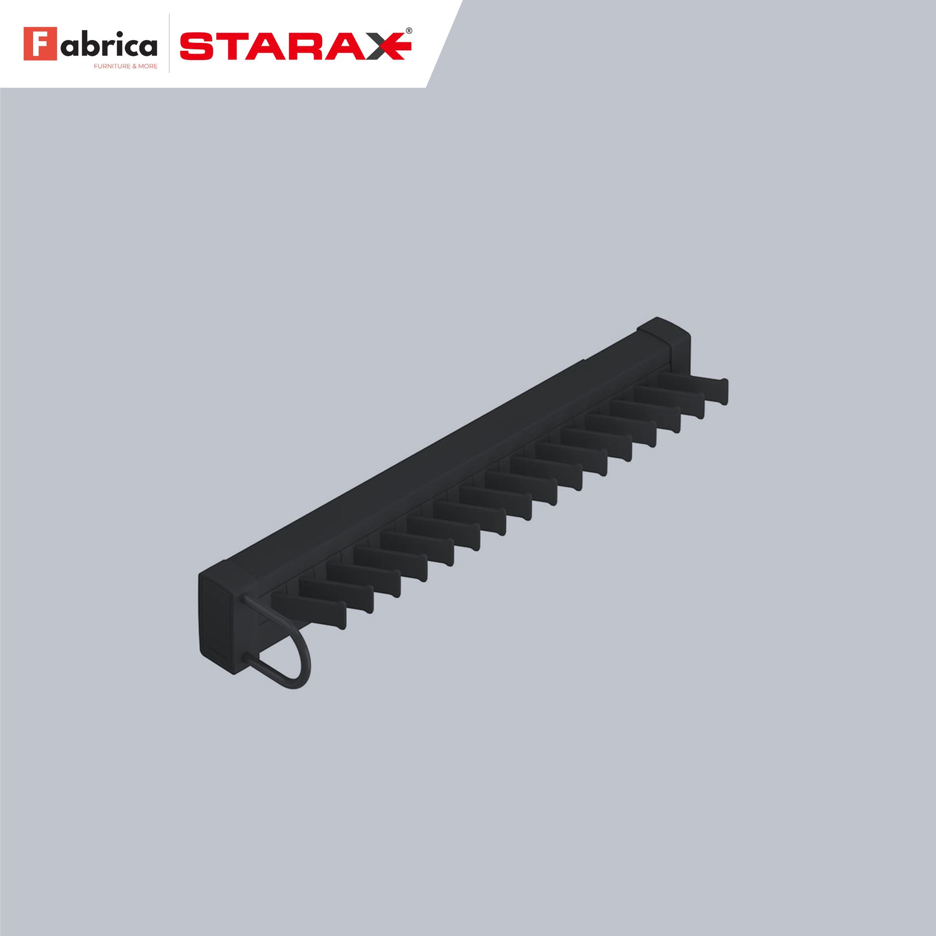 A black tie rack made by fabrica starax