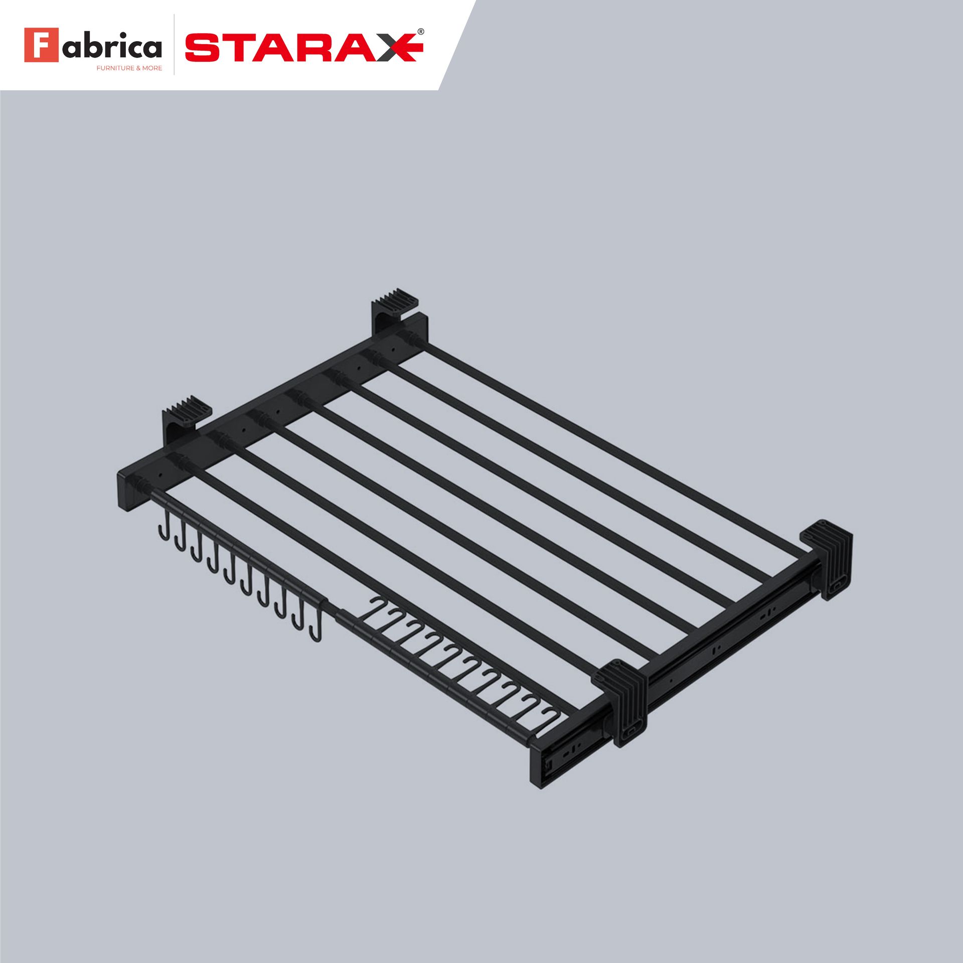 A picture of a starax clothes rack on a gray background.