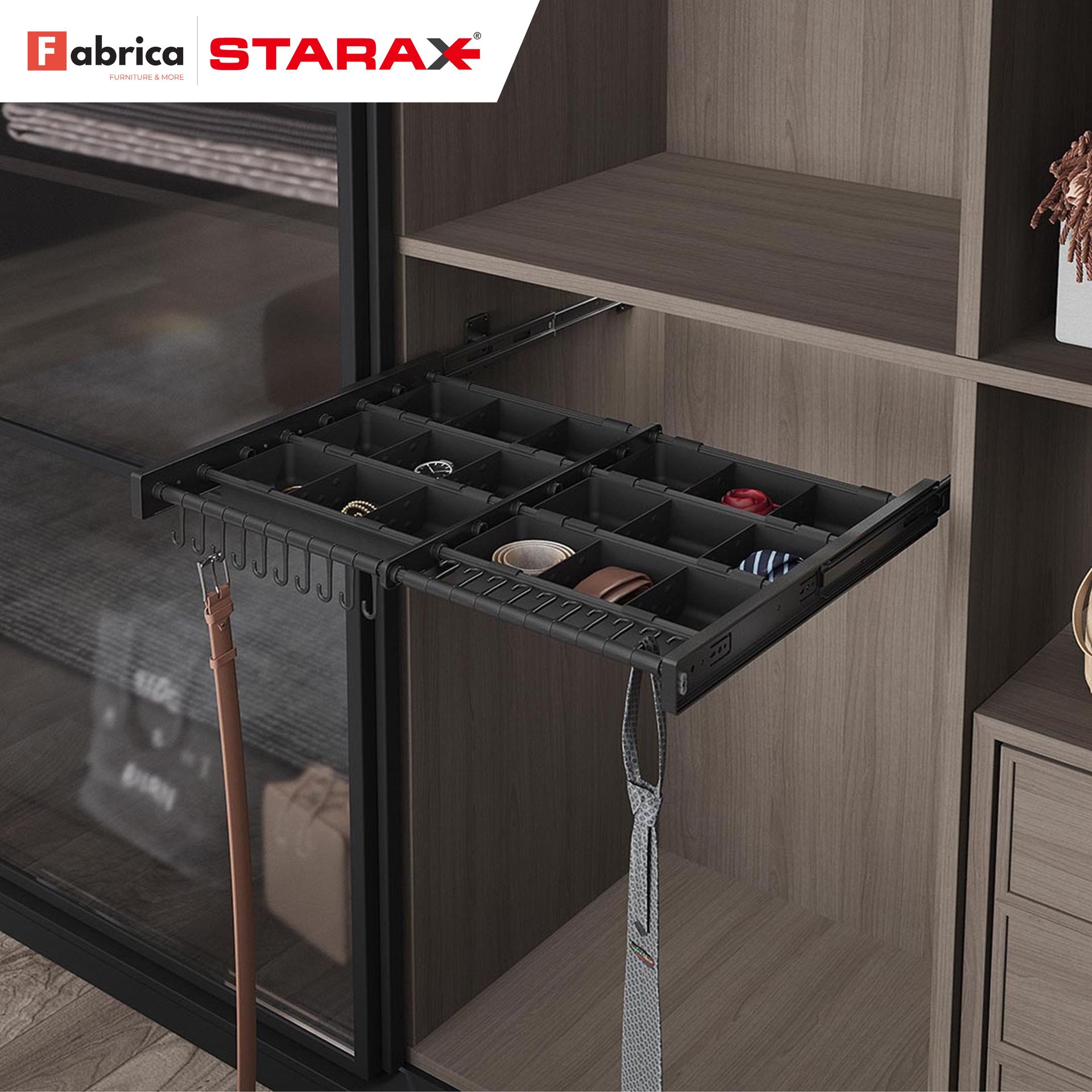 A starax drawer is pulled out of a closet