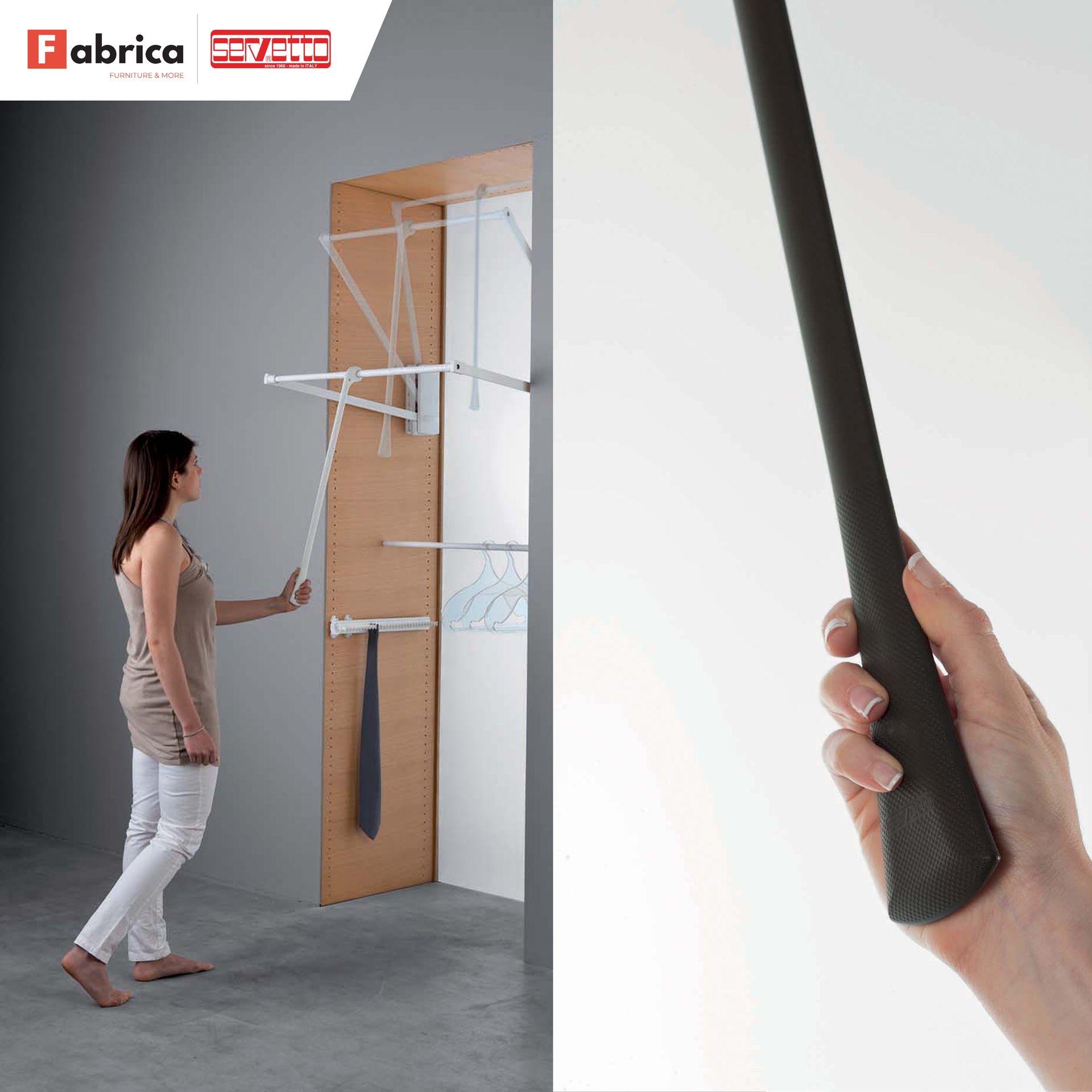 A woman is standing in front of a fabrica product