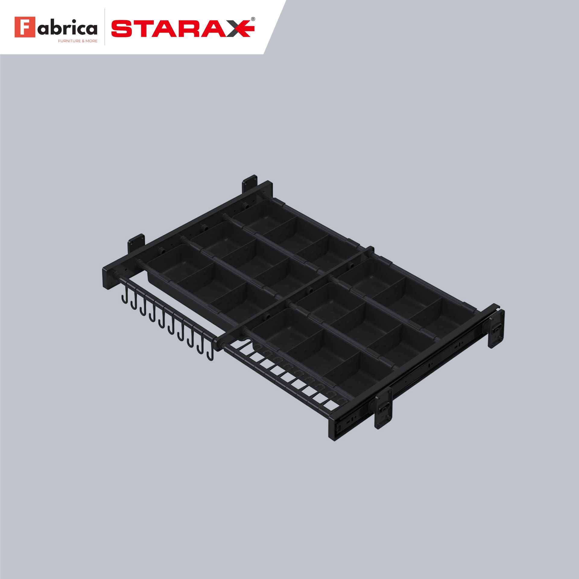 A black starax tray with a bunch of hooks on it