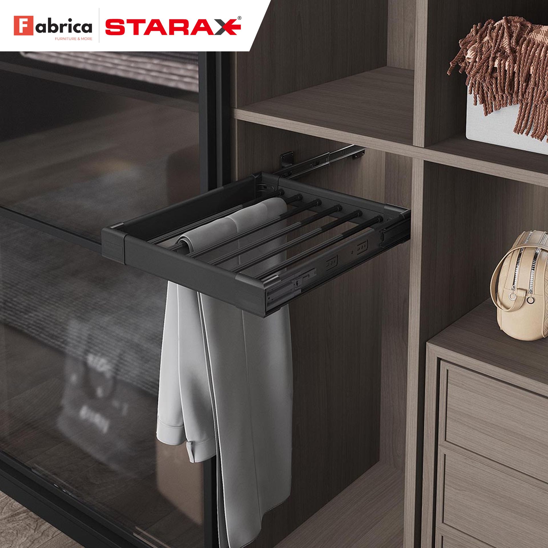 A fabrica starax pants rack in a closet