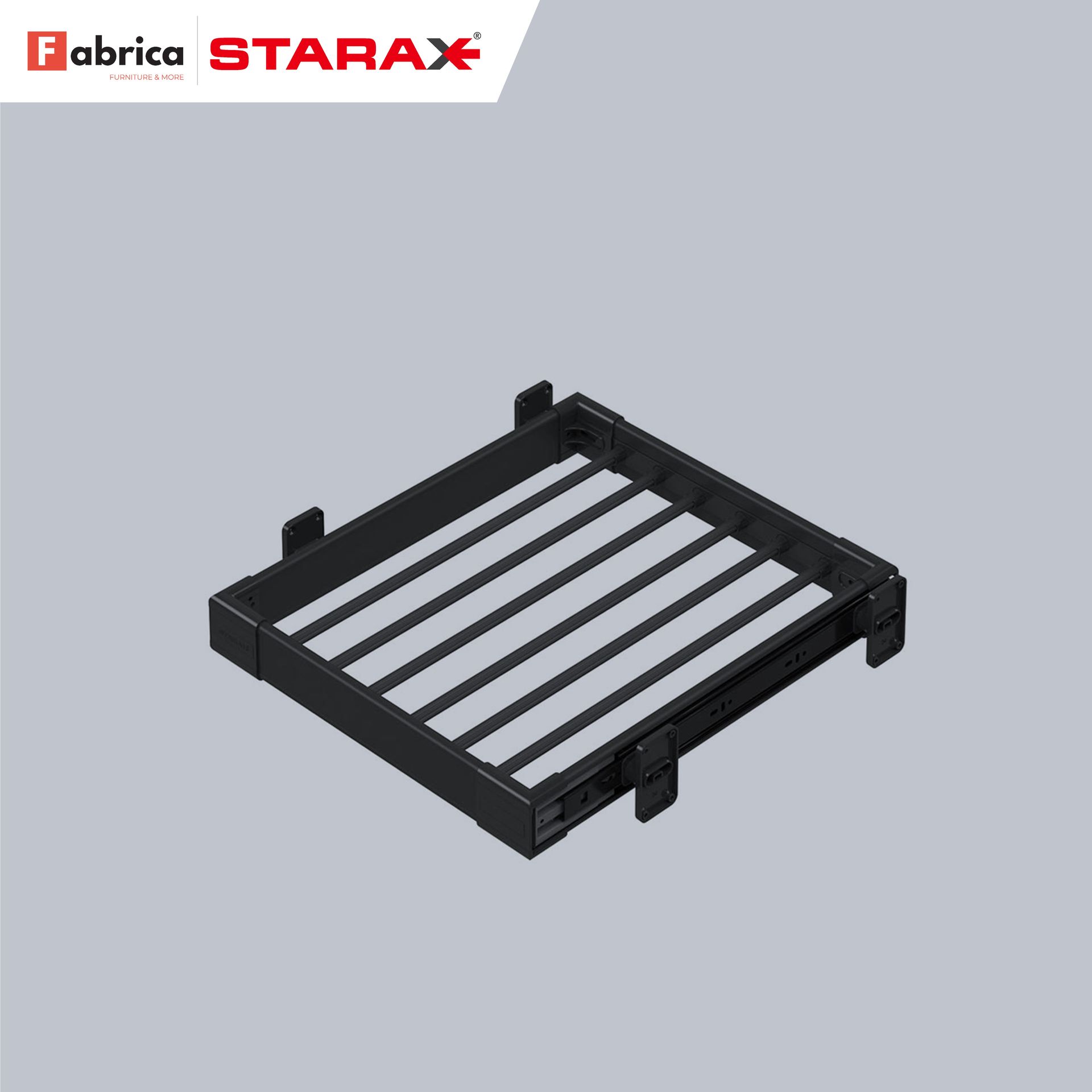 A black tray with white stripes on it is on a gray background.