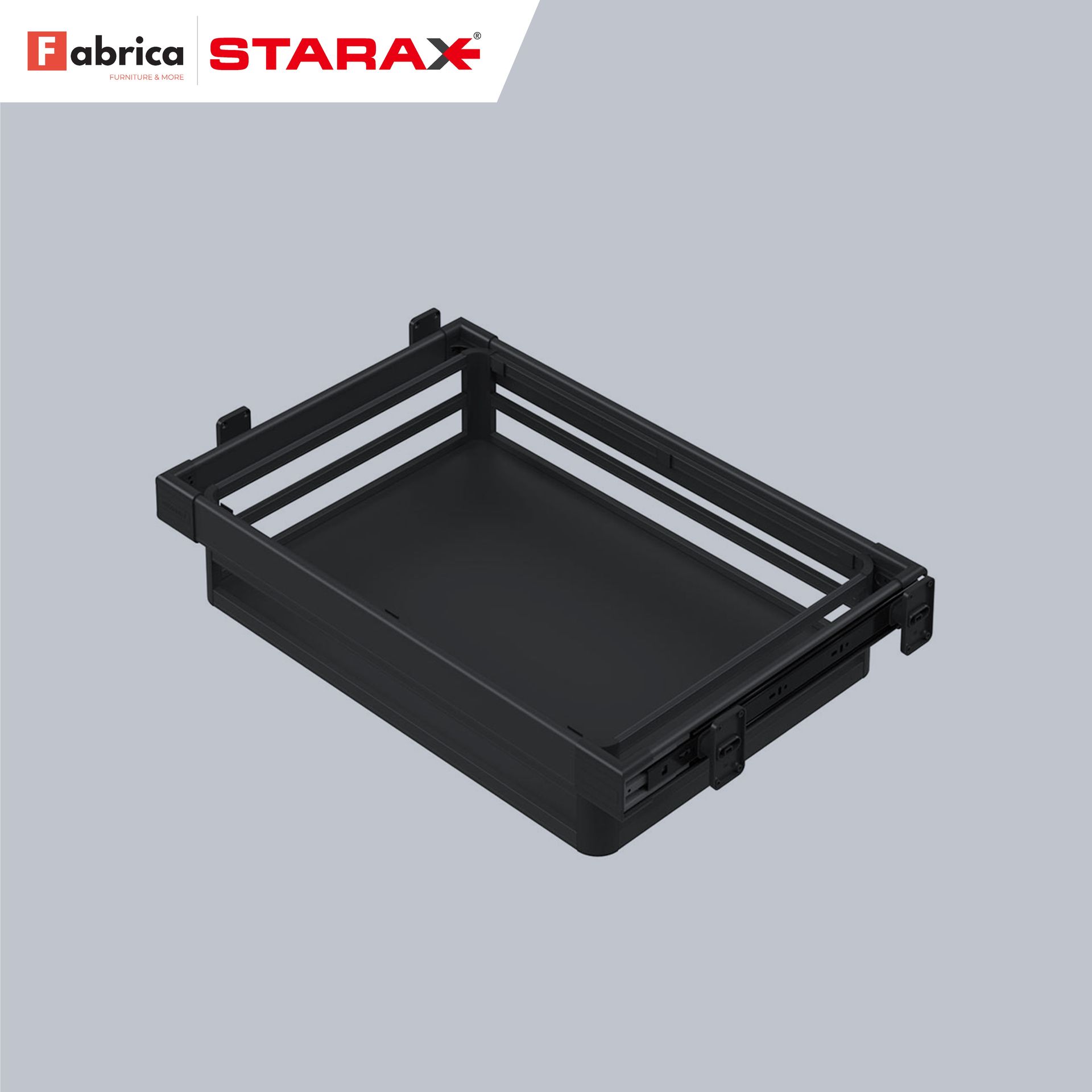 A black tray is sitting on top of a white surface.