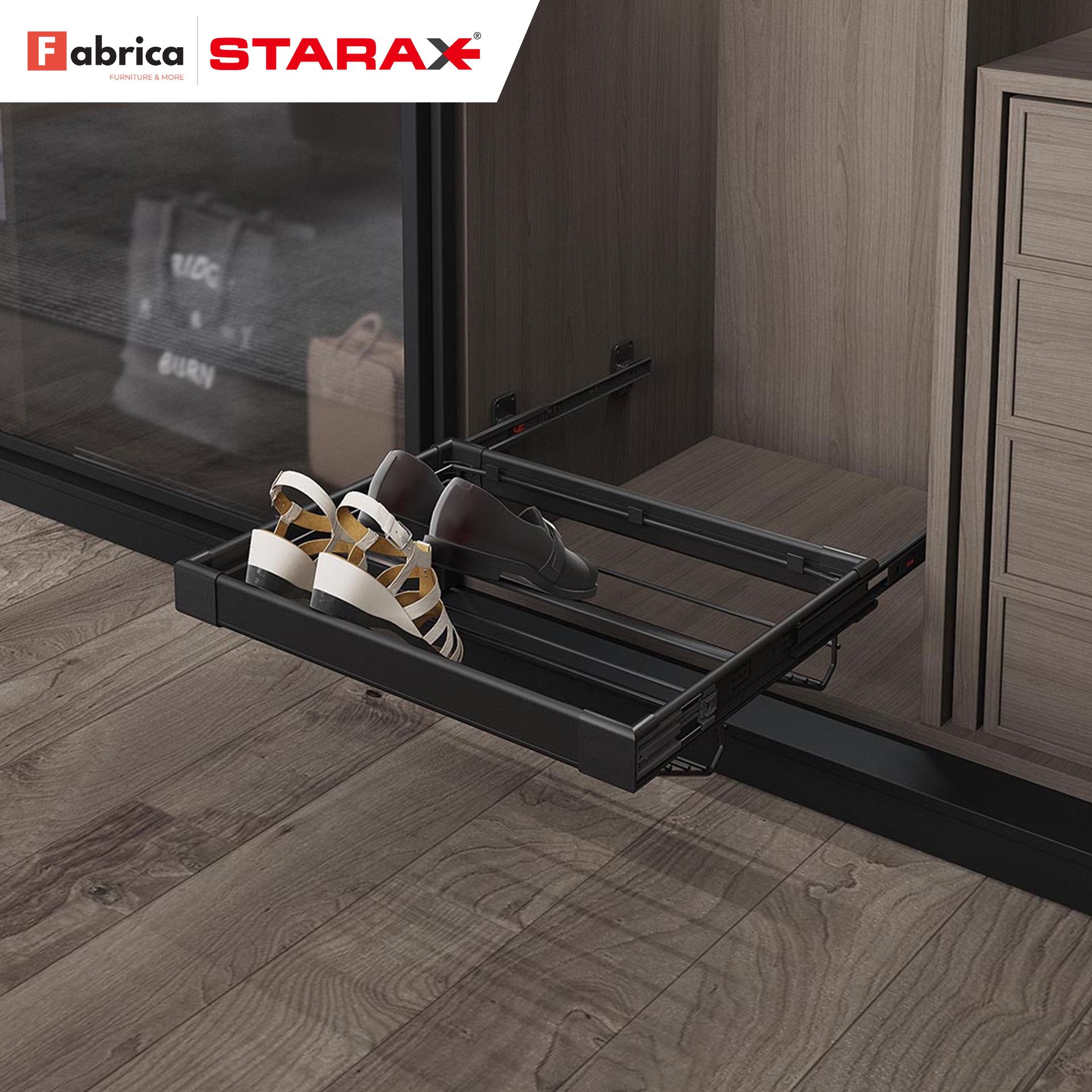 A pair of shoes are sitting on a shoe rack in a closet.