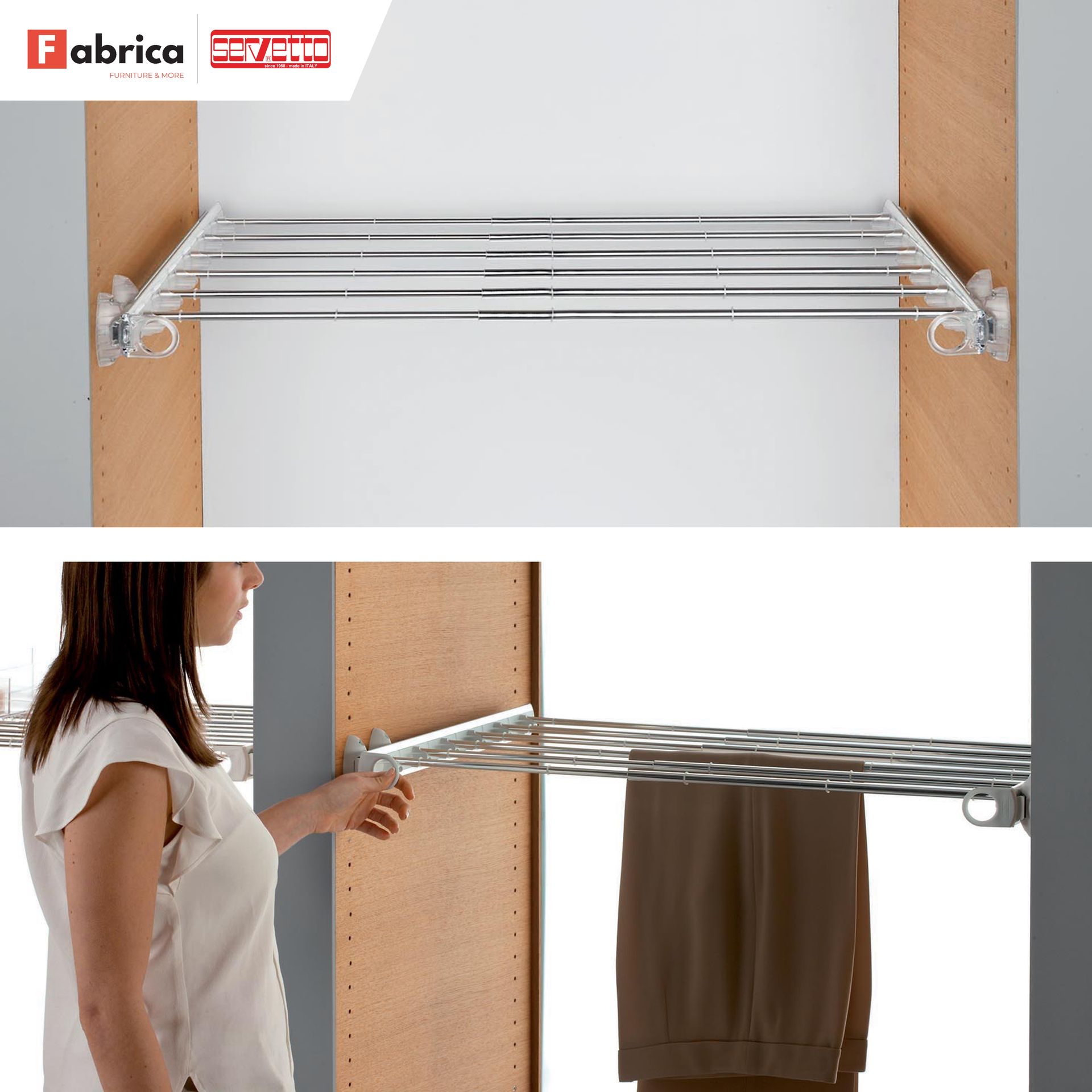 A woman is standing next to a fabrica clothes rack