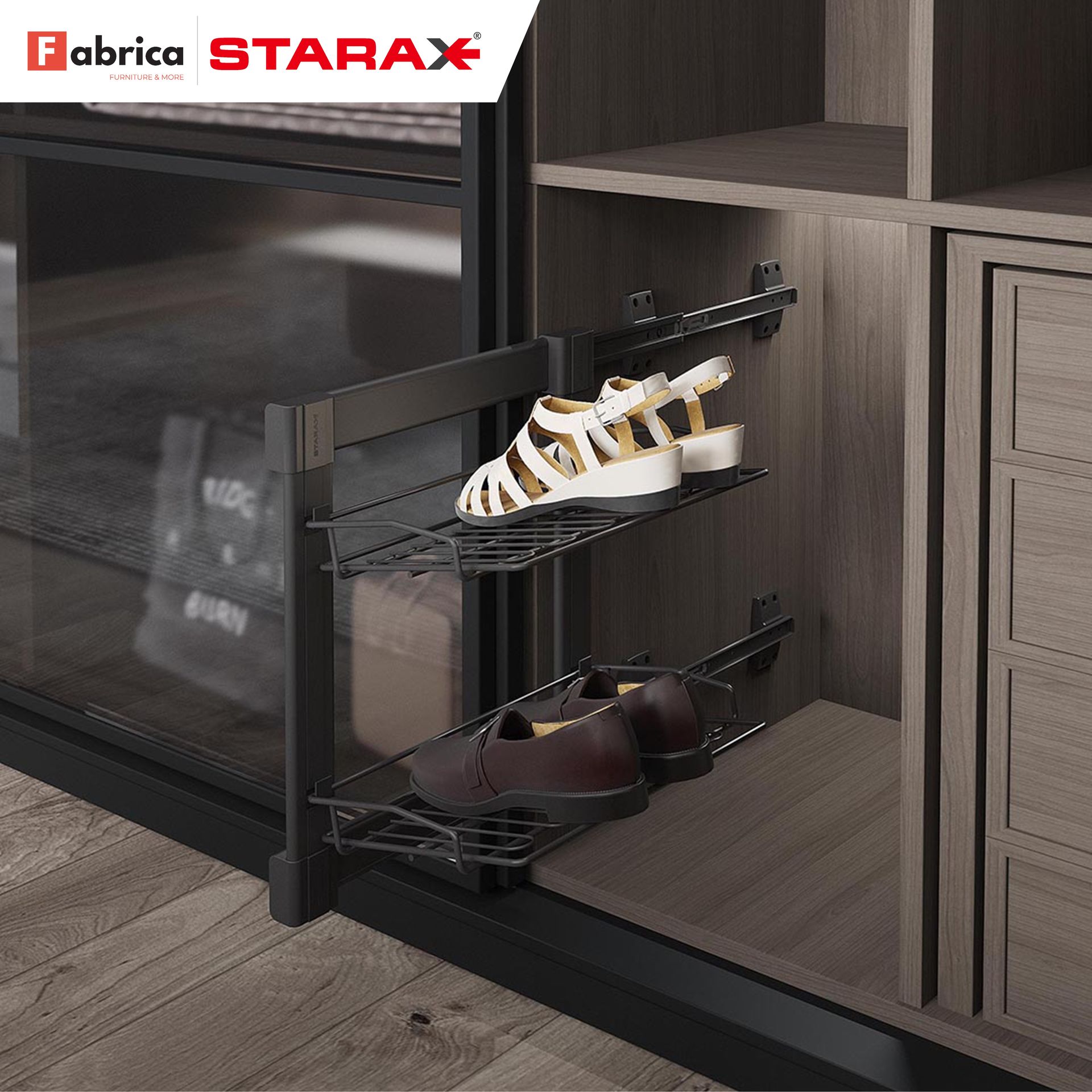 A pair of shoes is sitting on a shoe rack in a closet.