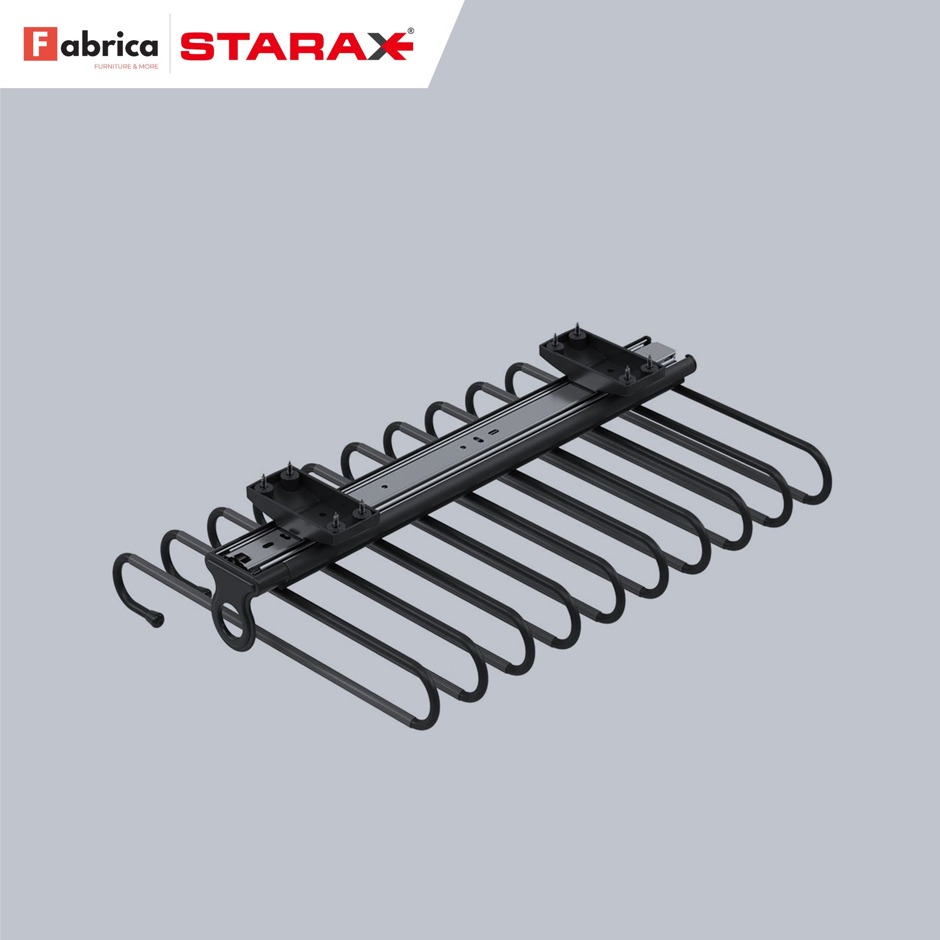 A black tie rack is sitting on a gray surface.