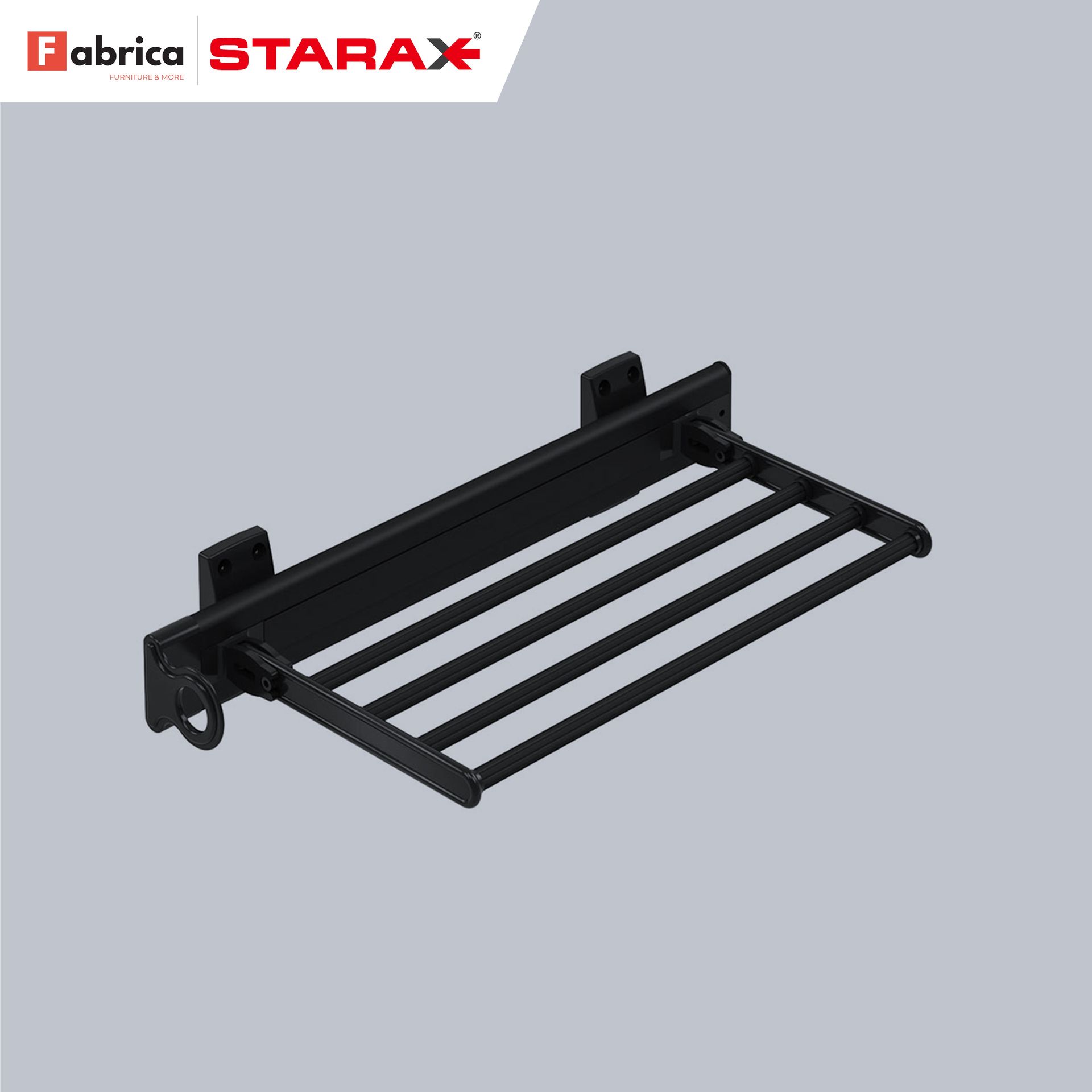 A black towel rack is sitting on a gray surface.