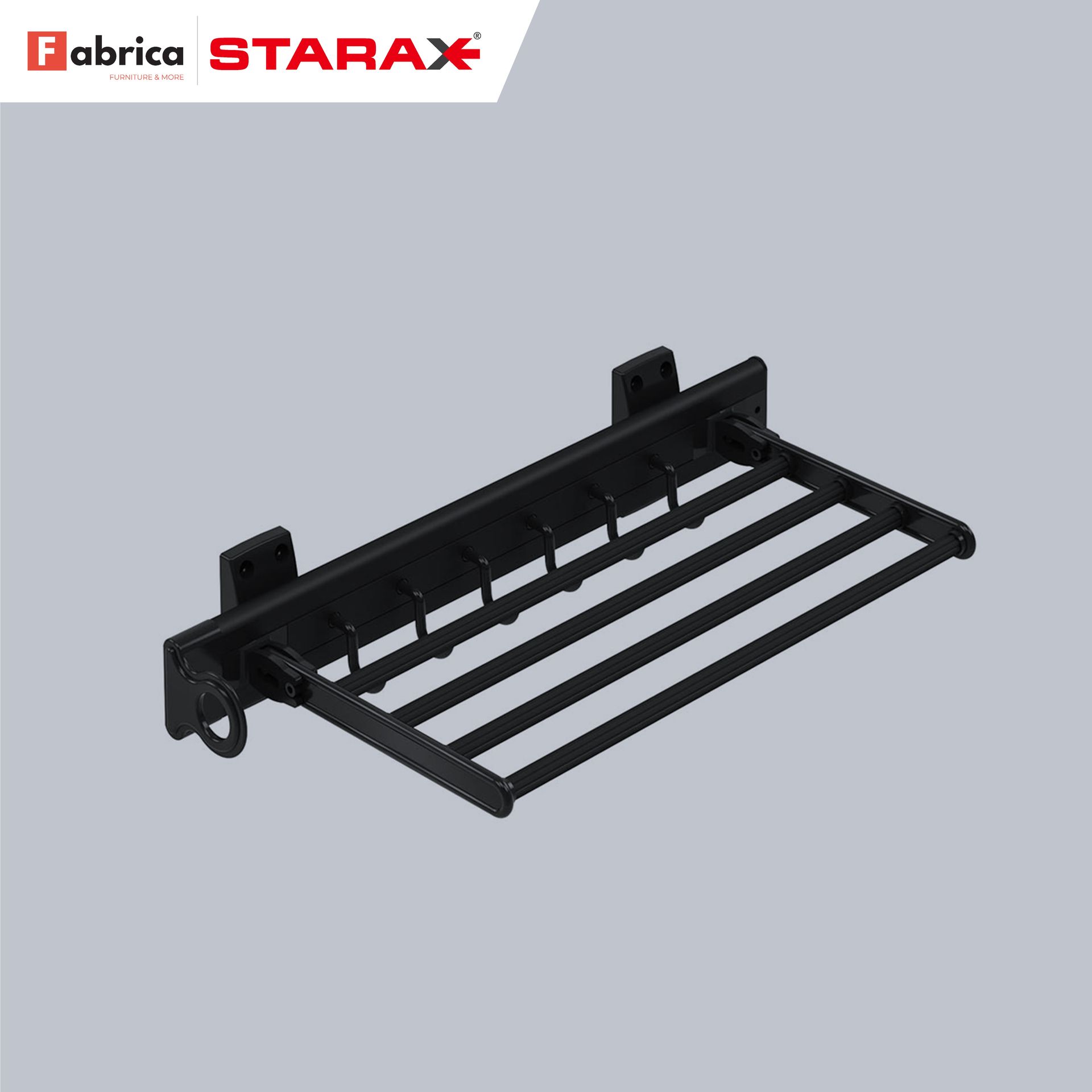 A black towel rack with hooks on a gray background.