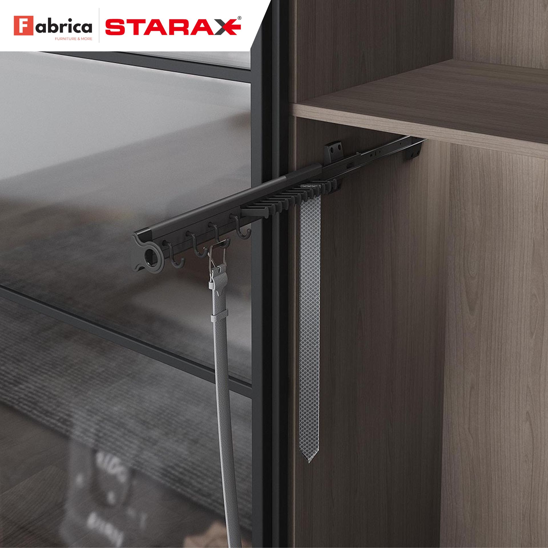 A picture of a tie rack in a closet.