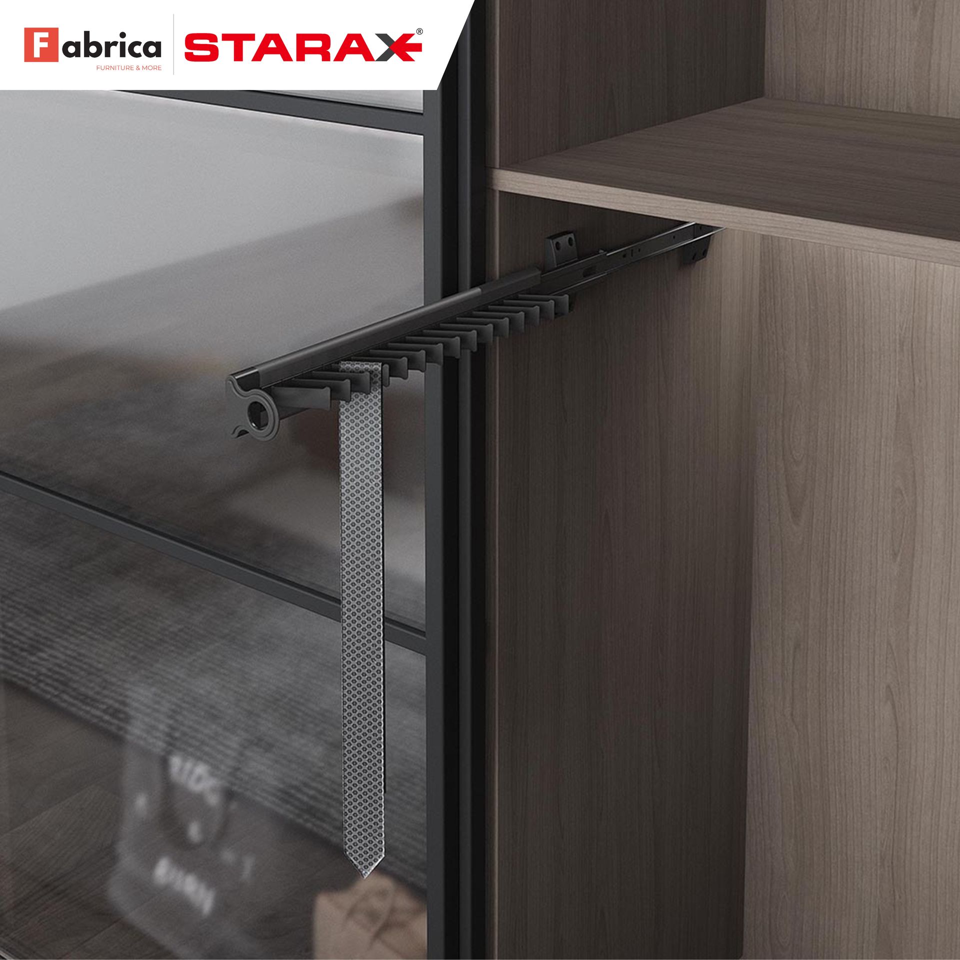 A close up of a tie rack in a closet