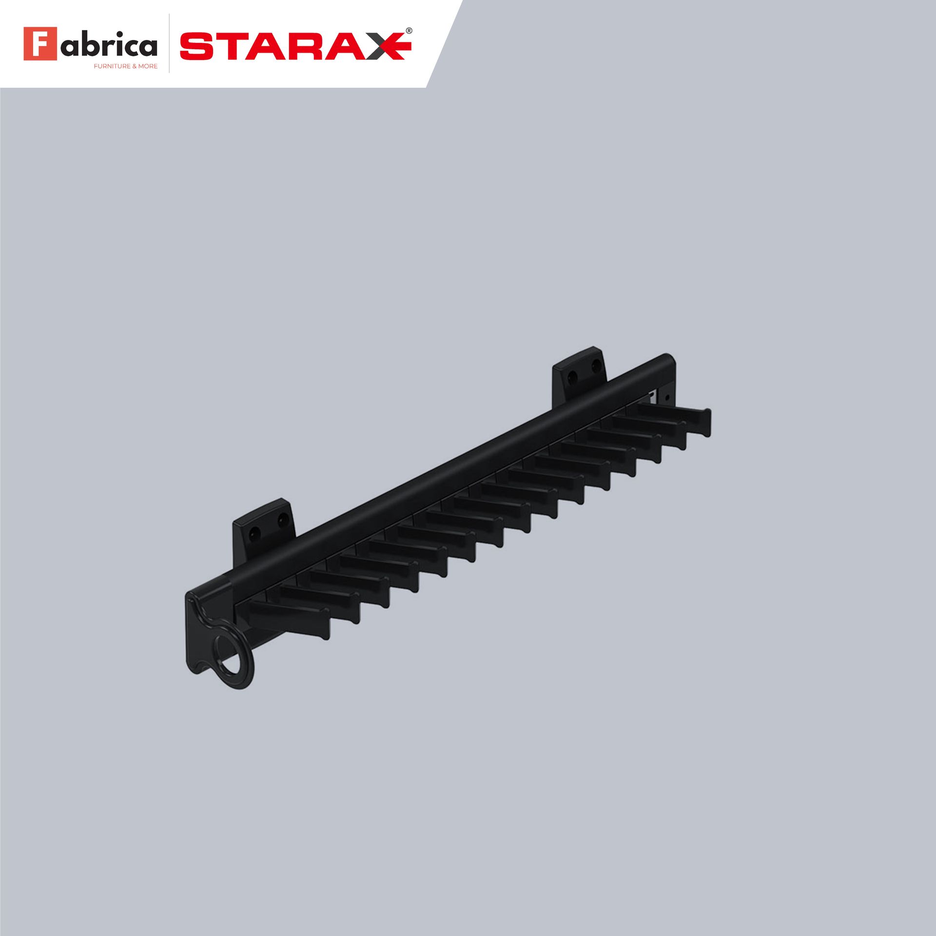 A black tie rack made by fabrica starax