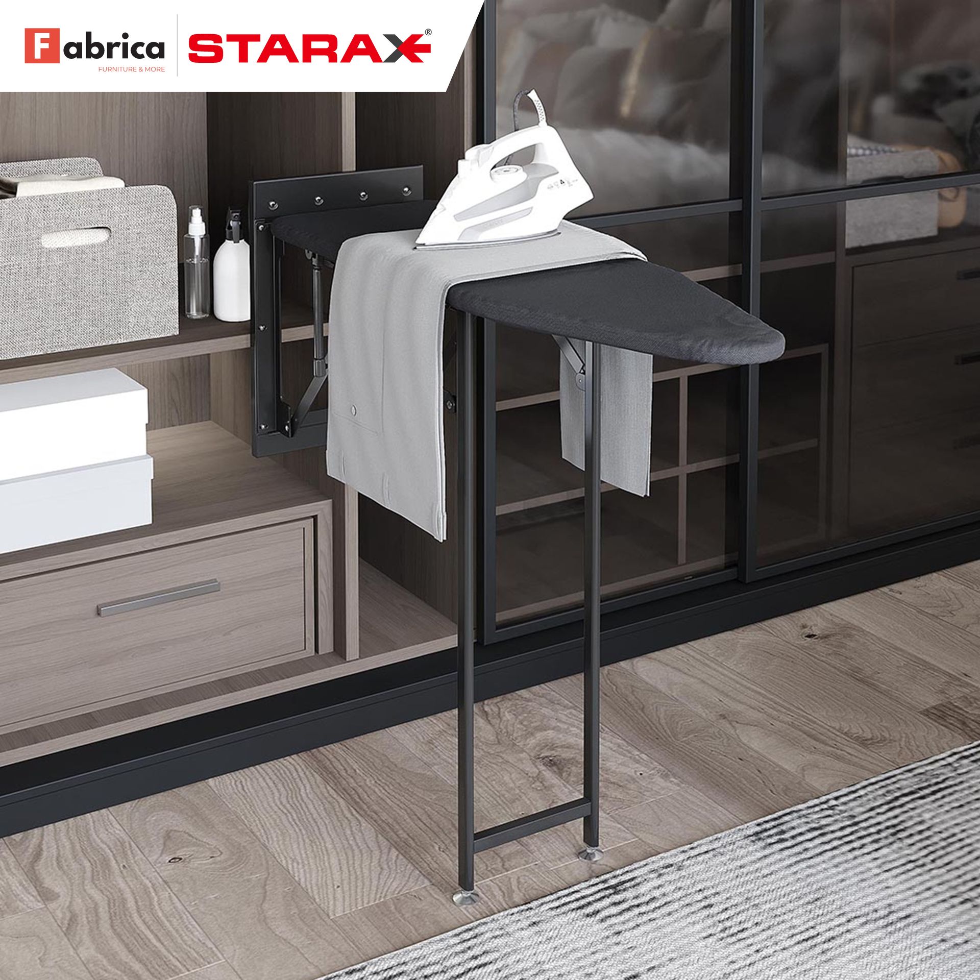 An ironing board with a shirt on it is in a closet.