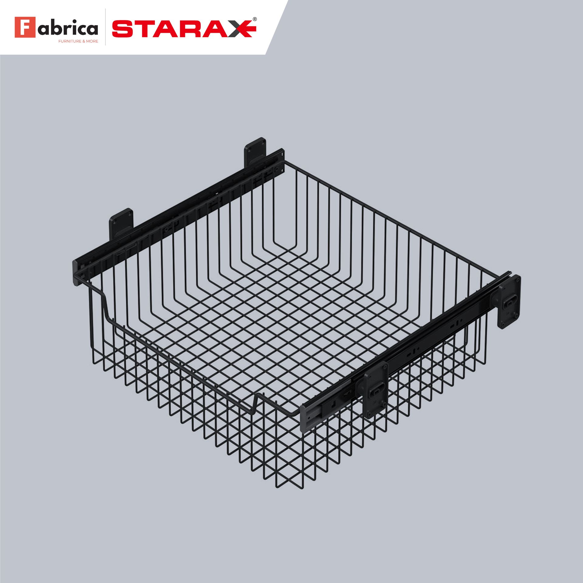 A black wire basket from fabrica starax on a grey background