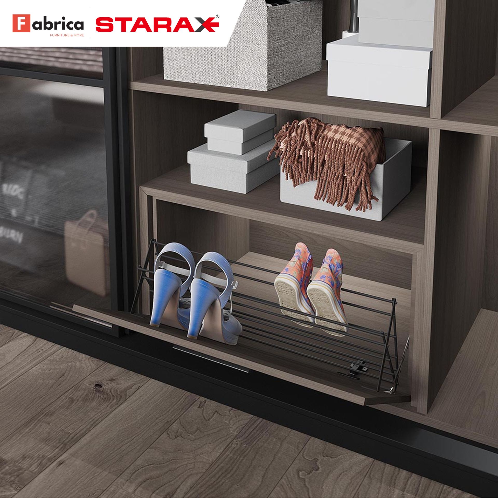 A pair of shoes are sitting on a shelf in a closet.