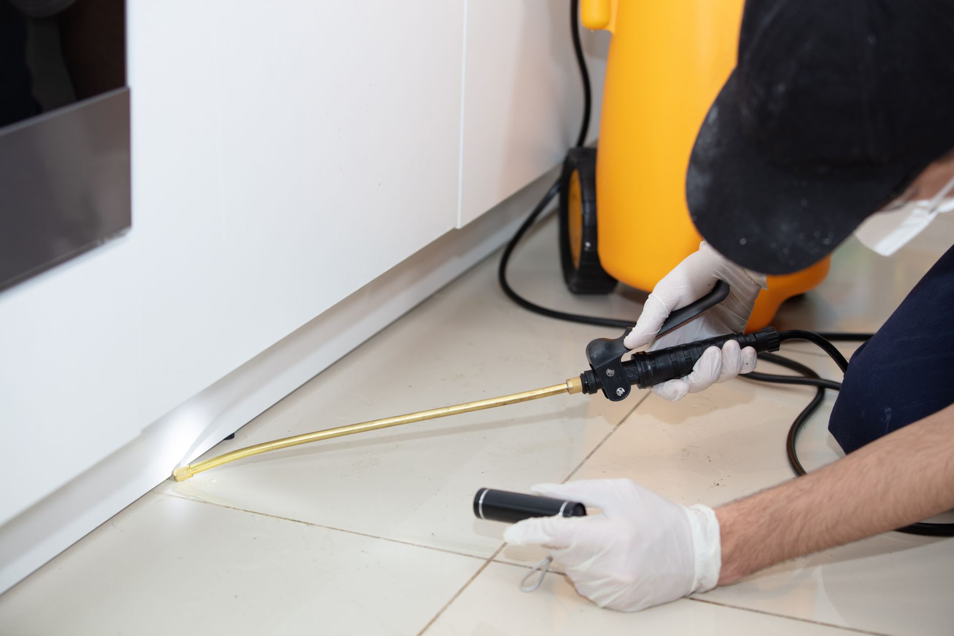 Technician applying pest control treatment along an interior baseboard. Technician applying pest control treatment along an interior baseboard.
