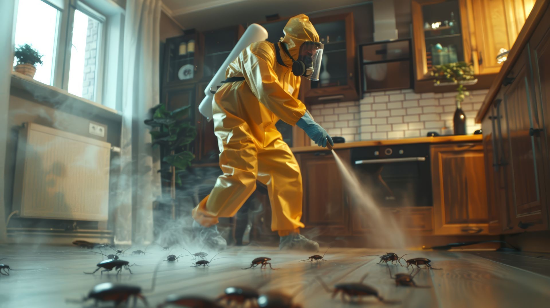 Professional exterminator focusing on cockroach infestation on kitchen floor. Professional exterminator focusing on cockroach infestation on kitchen floor.