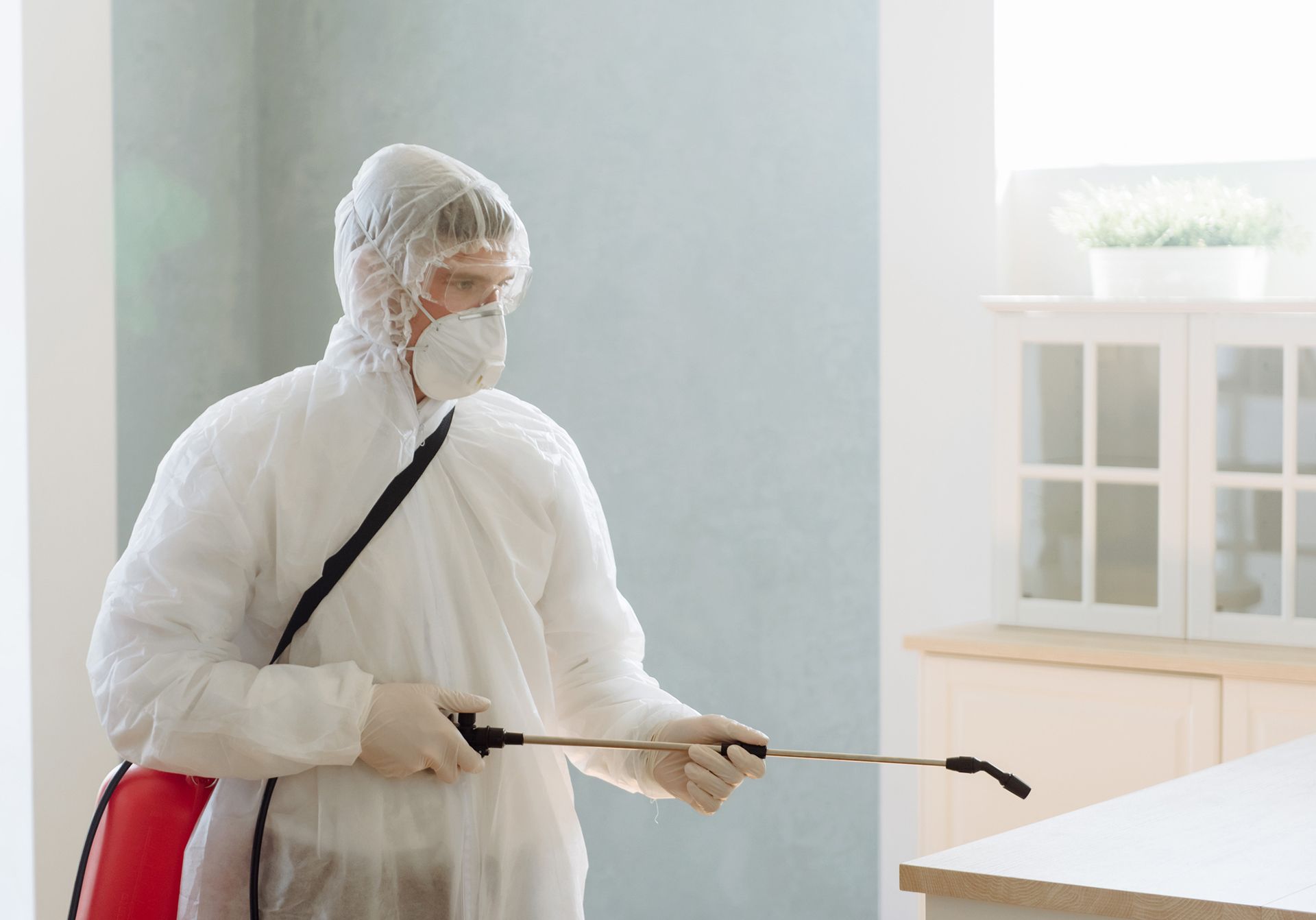 A professional contractor pests pests or viruses by disinfecting a home. A professional contractor pests pests or viruses by disinfecting a home.