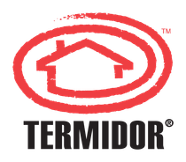 A red circle with a house in it and the word termicor on it