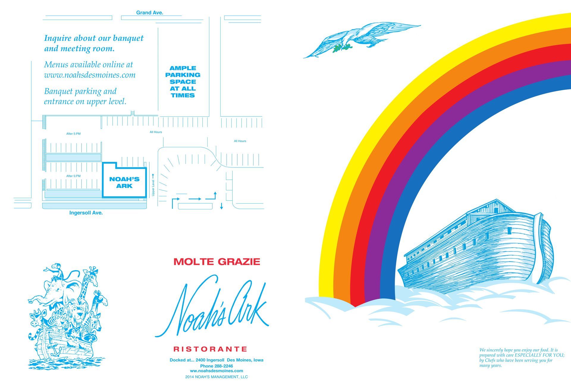 Poster with a large rainbow over a blue mountain sketch and small blue text panels