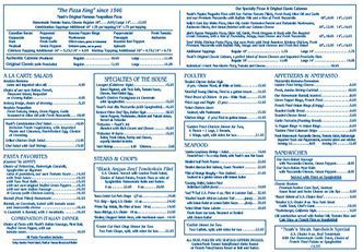 Blue-and-white restaurant menu with multiple sections and item lists arranged in columns.