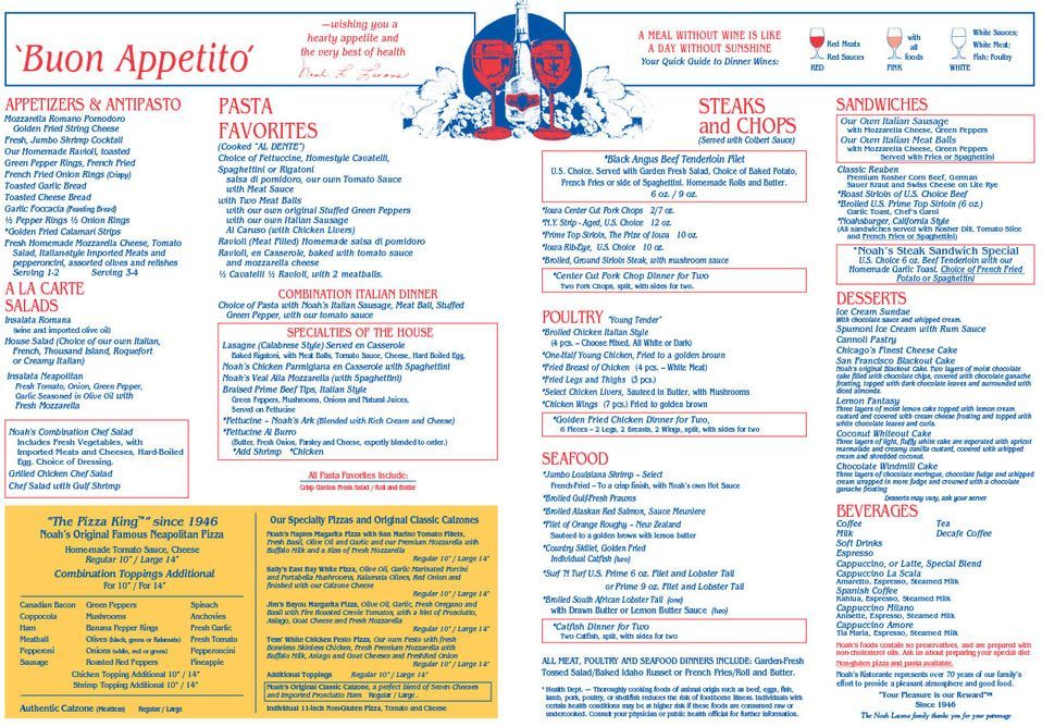 Colorful restaurant menu board with Italian dishes, prices, and specials in red, blue, and yellow sections