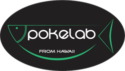 Pokelab logo in white and green on a black oval background, with “FROM HAWAII” underneath