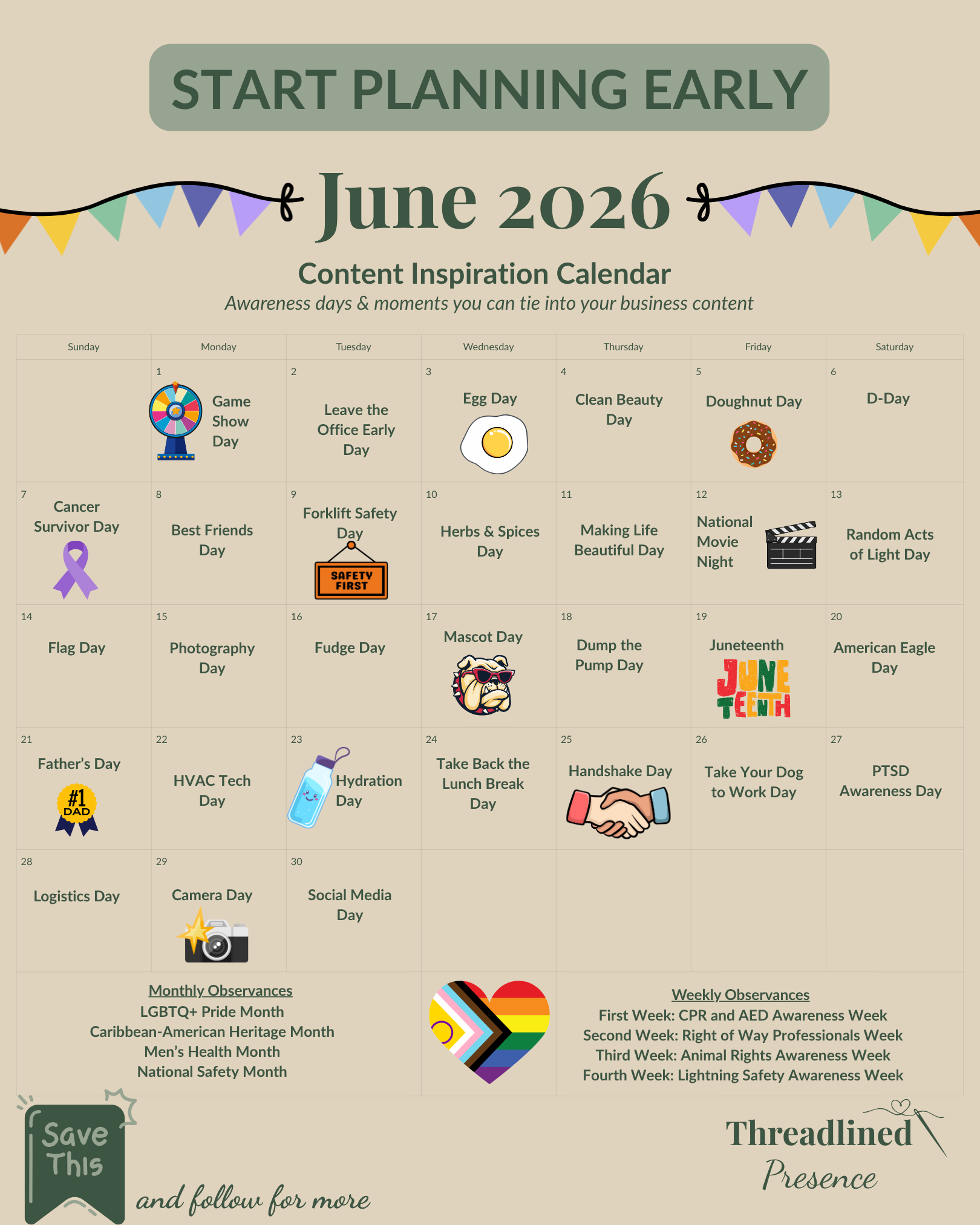 June 2026 content inspiration calendar with a beige background, colorful icons, and a rainbow heart logo.